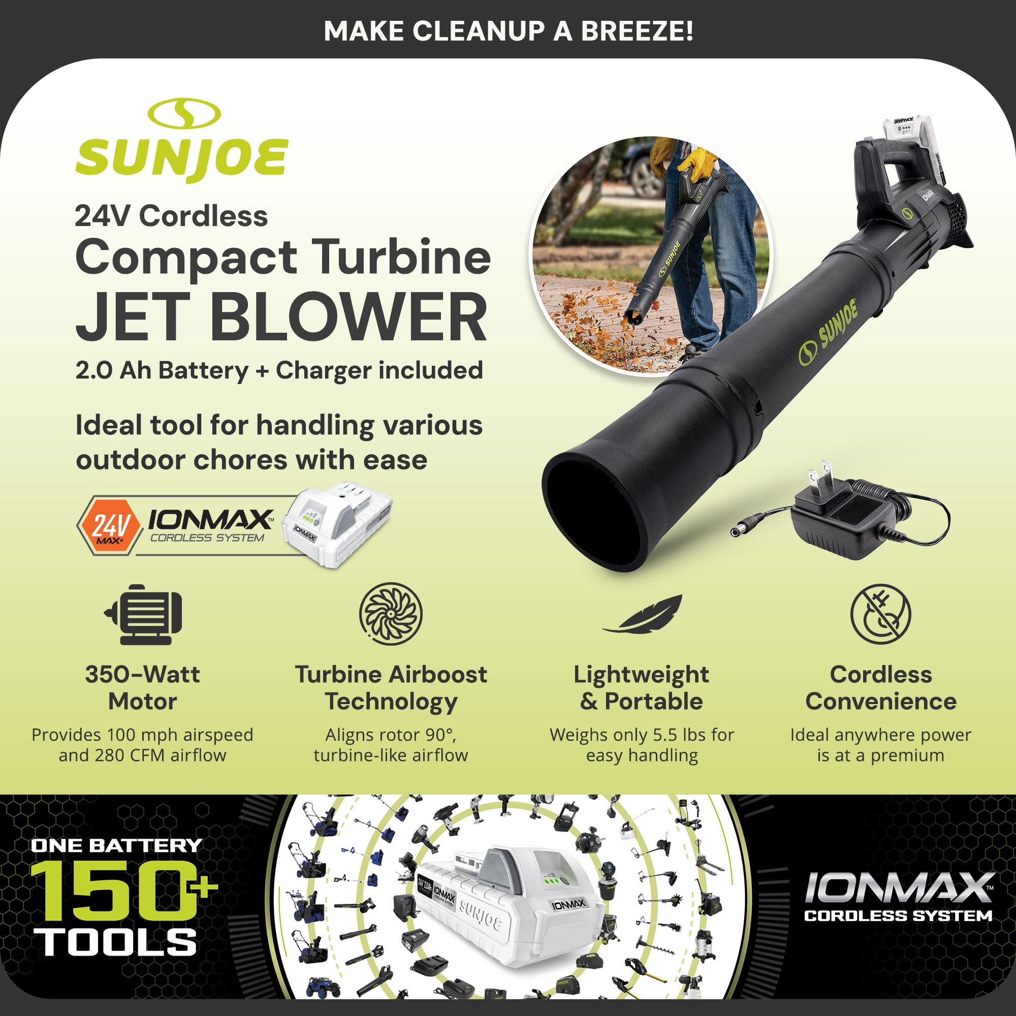 Sun Joe 24V Cordless Jet Leaf Blower, Compact Turbine Design for Yard Cleanup (Black, 5.4 lb) xc75h