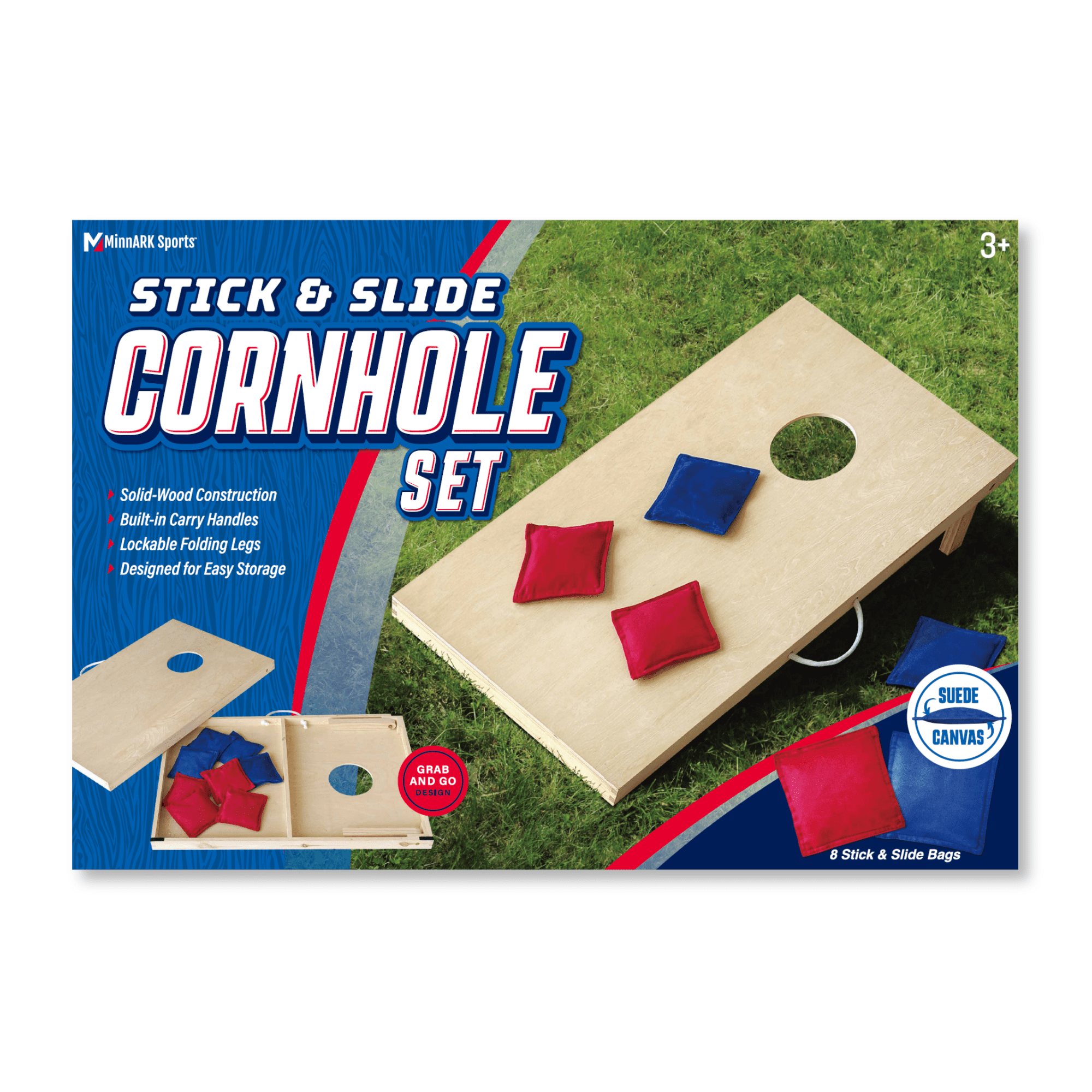 MinnARK Wooden Cornhole Set with Stick and Slide Bean Bags (2 Boards, 8 Bags, 35 in) 1pm4i