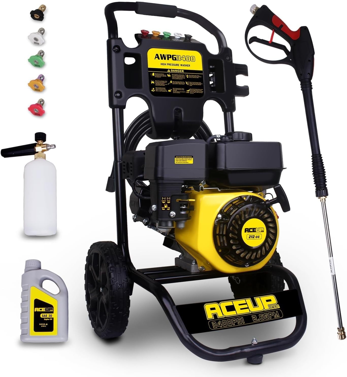 Aceup Energy 3400 PSI 2.6 GPM 212cc Gas Powered Pressure Washer (Black, 24.5 ft Hose) hrbpf
