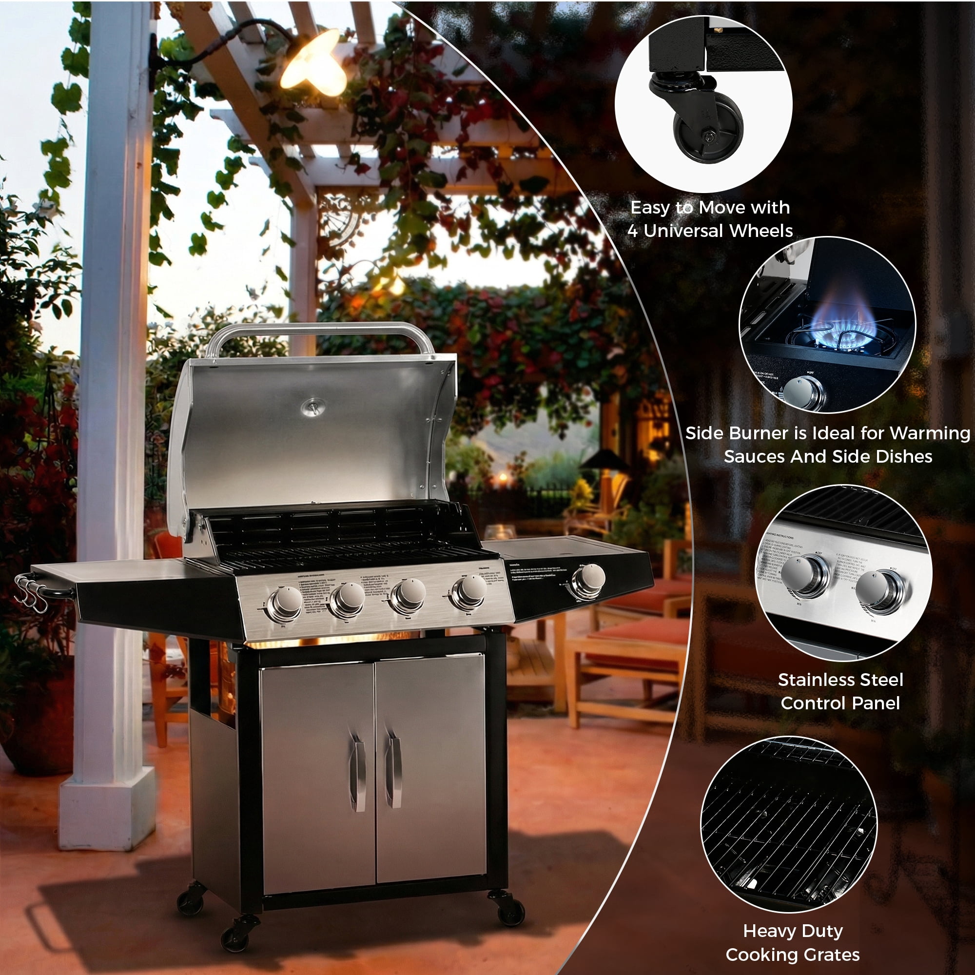 Master Cook 4+1 Burner Propane Gas Grill, Outdoor BBQ Station with Side Stove and Stainless Steel Lid (Silver, 518 Sqin) am193
