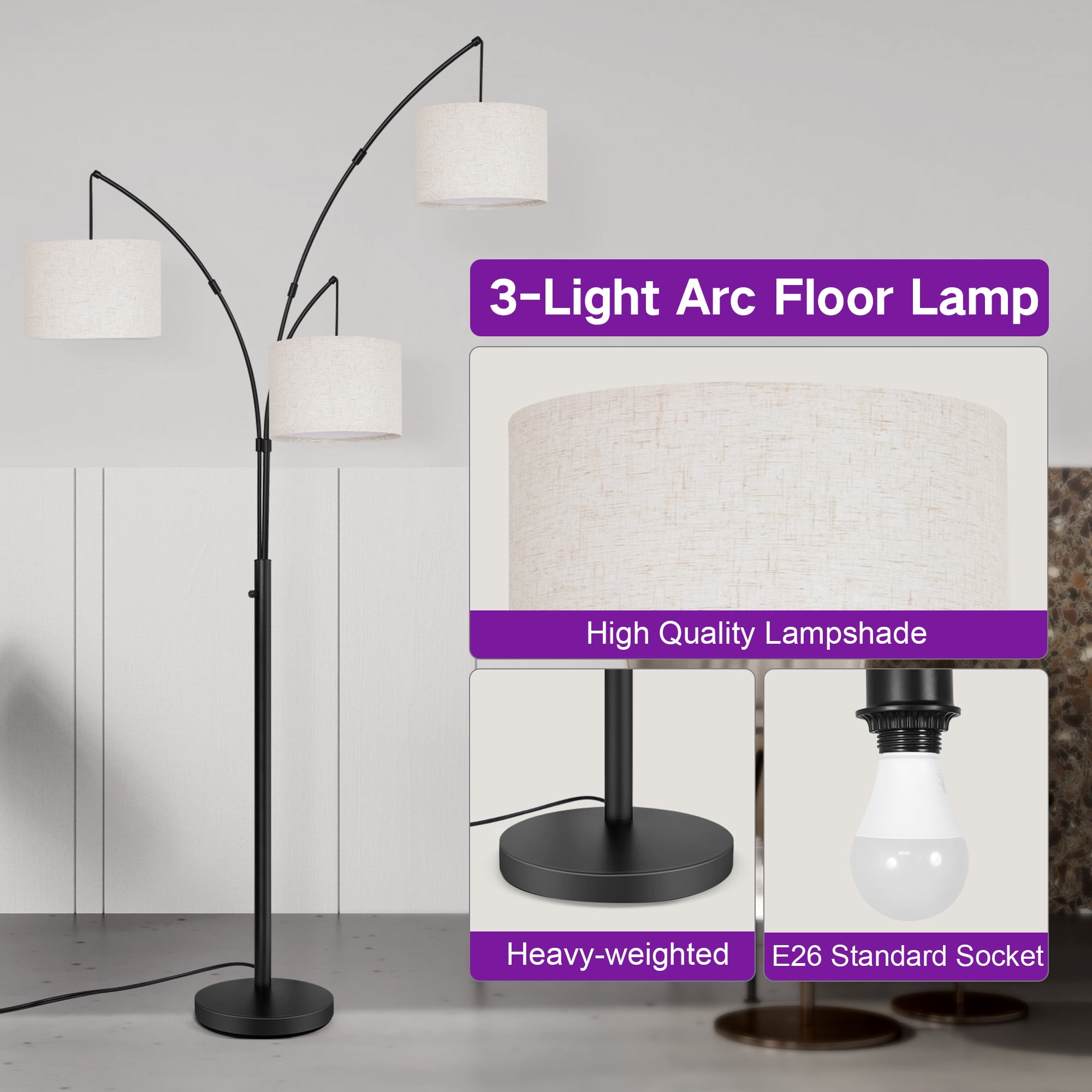 Outon 3-Light Arc Floor Lamp, Modern Standing Lamp with Linen Shades, Adjustable Multi-Directional Lighting for Living Room and Bedroom (Black, 80 in) h8x18