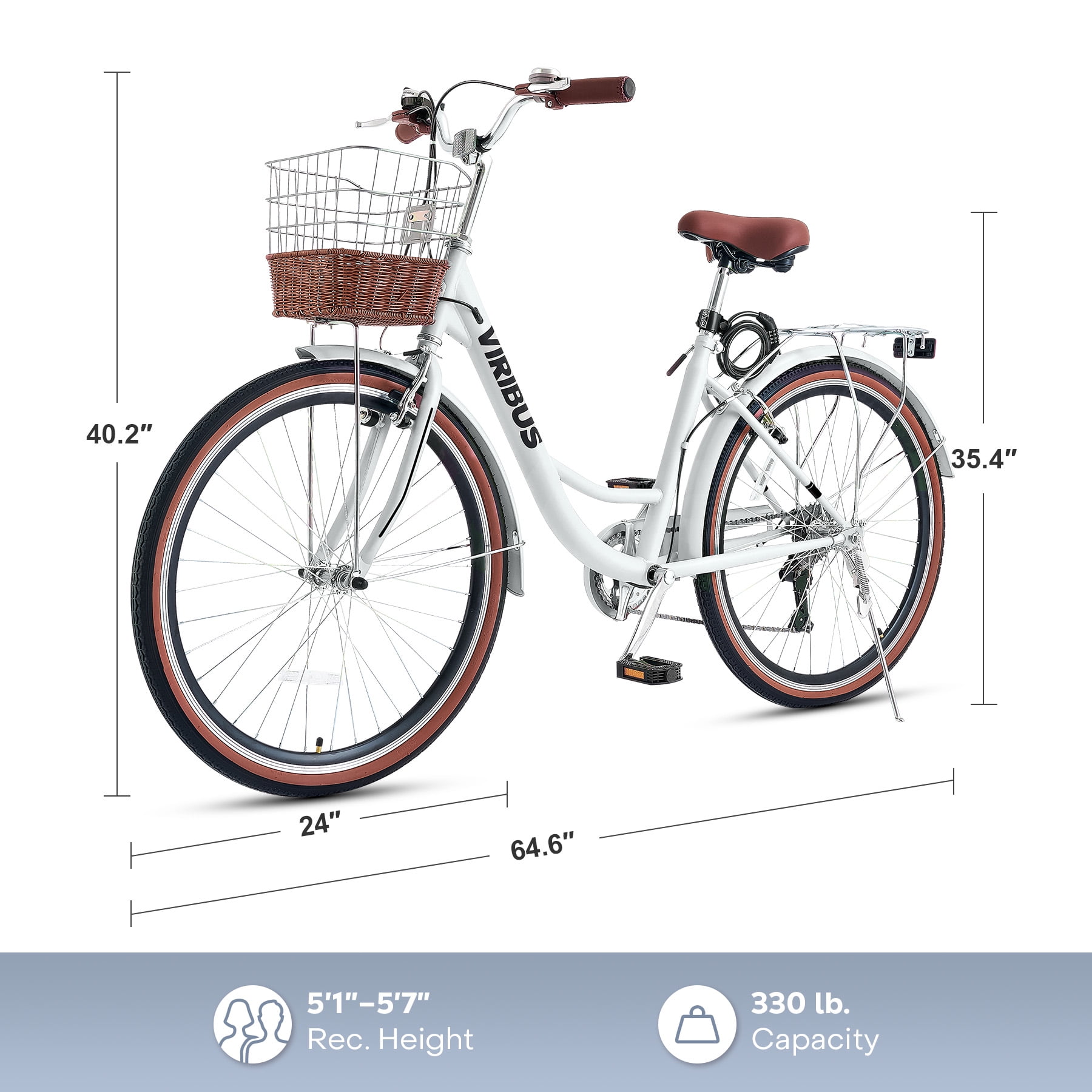 Viribus 24 in Women's Cruiser Bike, 7-Speed Beach and City Bicycle with Basket and Rack (White) 3vvao