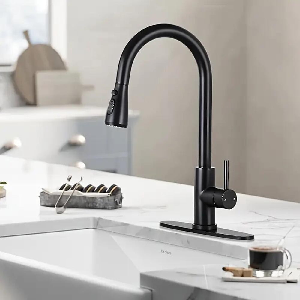 Senlesen High Arc Pull Down Kitchen Faucet with Sprayer and Deck Plate (Matte Black, 15.7 in) v1rit