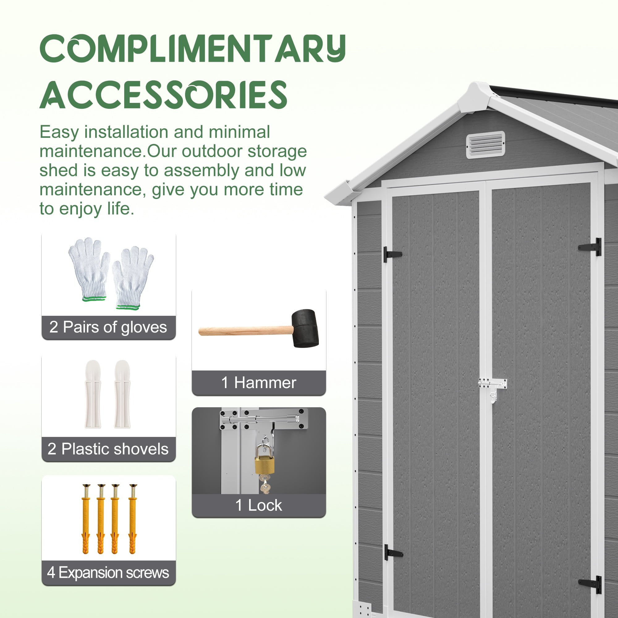 LZBEITEM 6 ft x 6 ft Outdoor Storage Shed, Weather-Resistant Resin Tool Shed with Heavy-Duty Floor and Lockable Doors (Grey, 205 cu.ft) sgccu