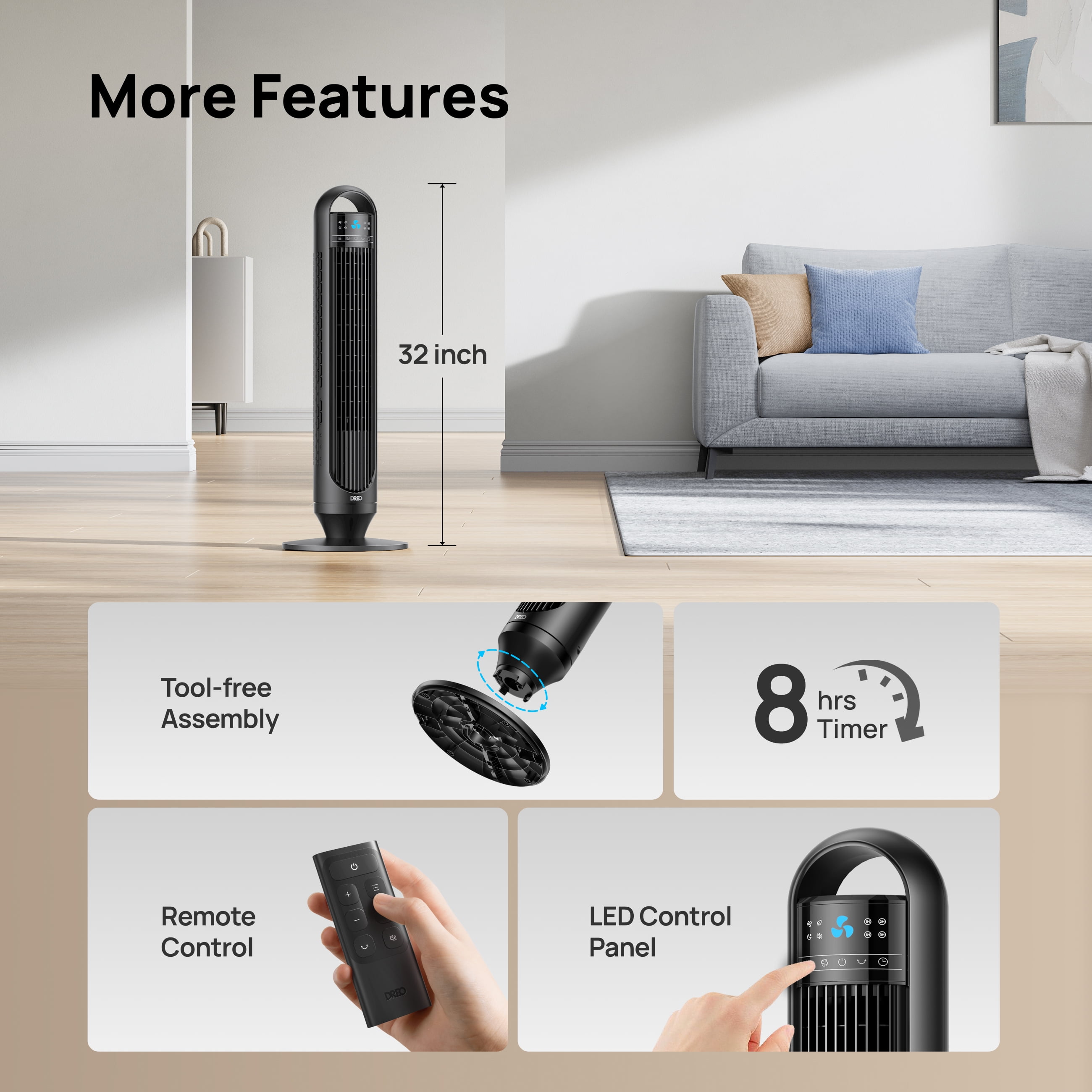 DREO Tower Fan for Home, 32 in Standing Floor Fan with Remote, 90° Oscillating Bladeless Fan, 3 Speeds, Quiet Operation (Black, 32 in) 2j6mi