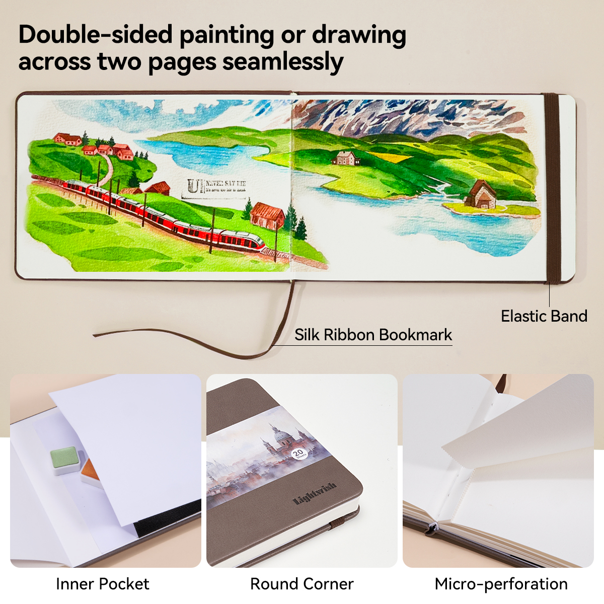 Lightwish Watercolor Sketchbook, 100% Cotton Cold Press 140lb Paper for Watercolor, Gouache, and Acrylics (Brown, 7.6 x 5.1 in, 20 Sheets) tx4kd