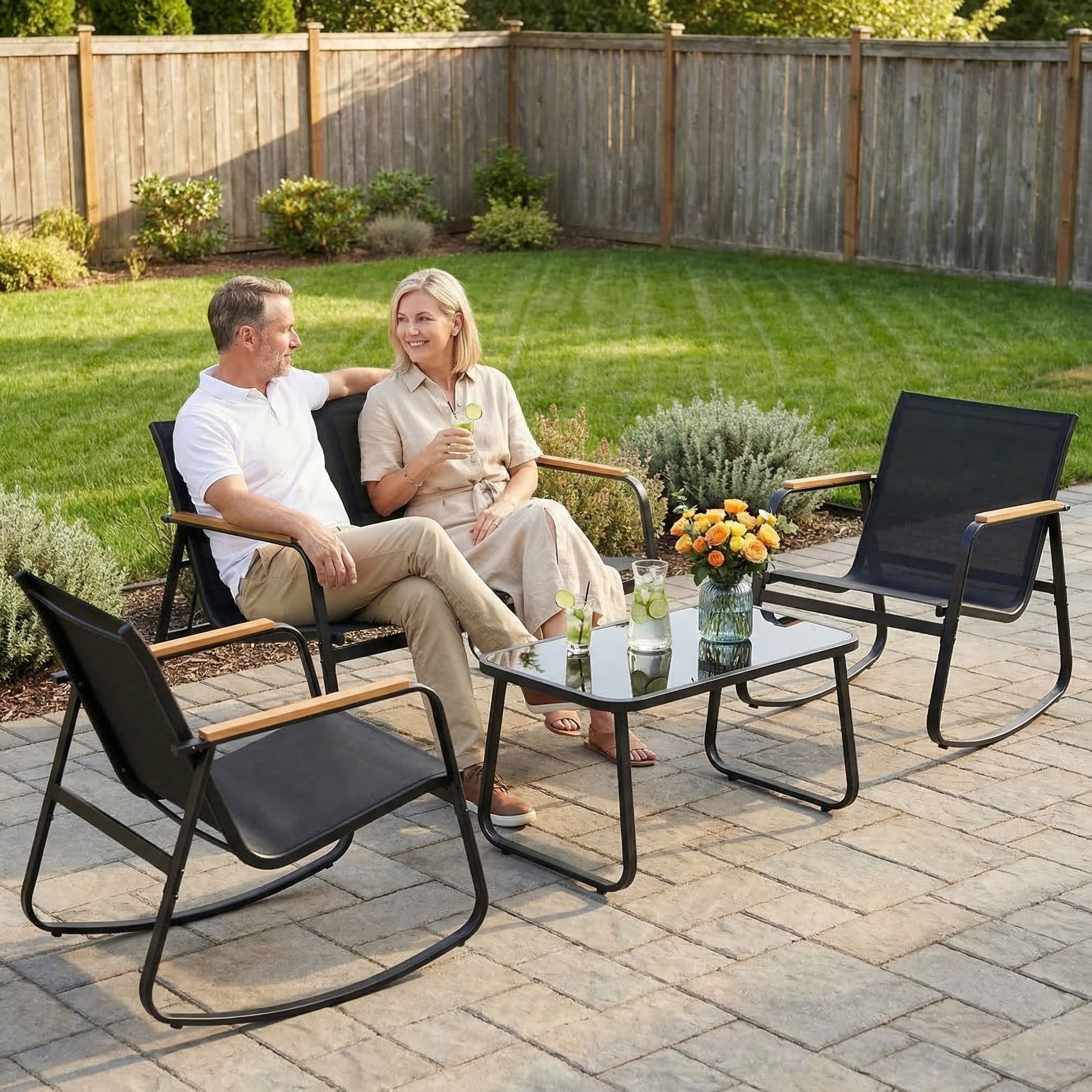 Jolifa 4-Piece Outdoor Conversation Set with Rocking Chairs and Coffee Table (Black, 4-Piece Set) 7cuwo