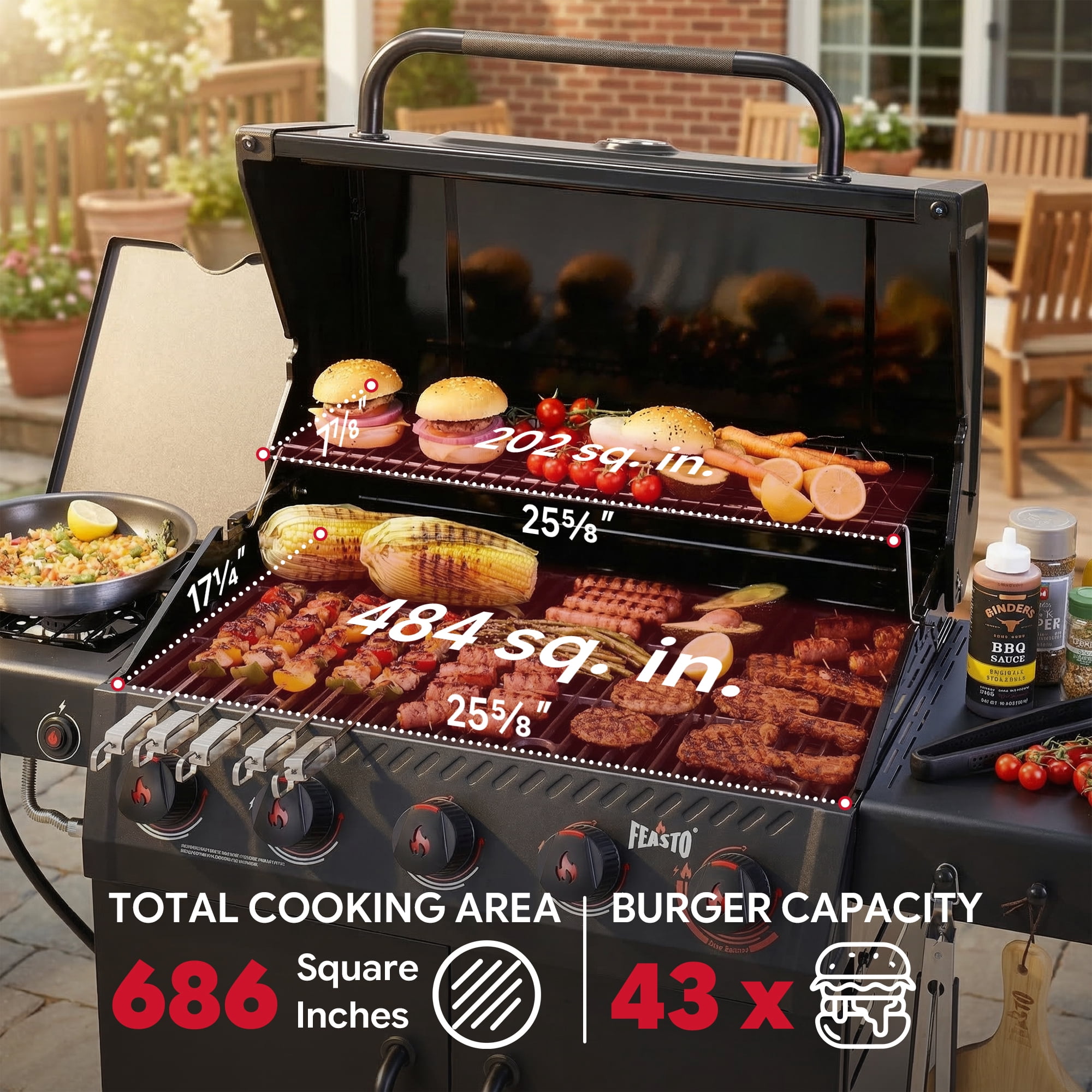 Feasto 5-Burner Propane Gas Grill with Side Sear Burner and Cabinet Storage (Black, 686 sq in) b3a6f