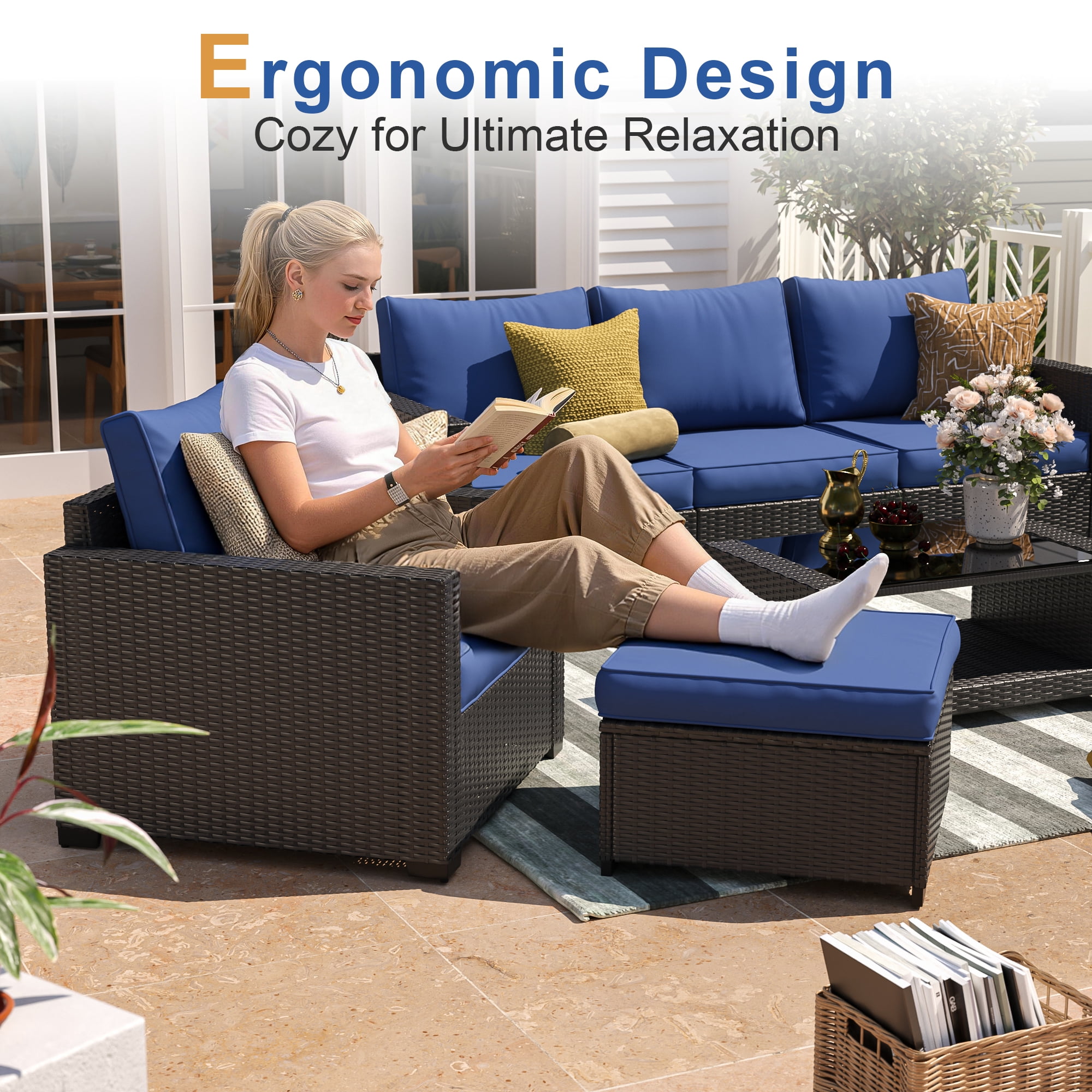 Gasee 7-Piece Outdoor Patio Furniture Set, Rattan Sectional Sofa with Coffee Table (Navy Blue, 7 Pieces) kw1mu