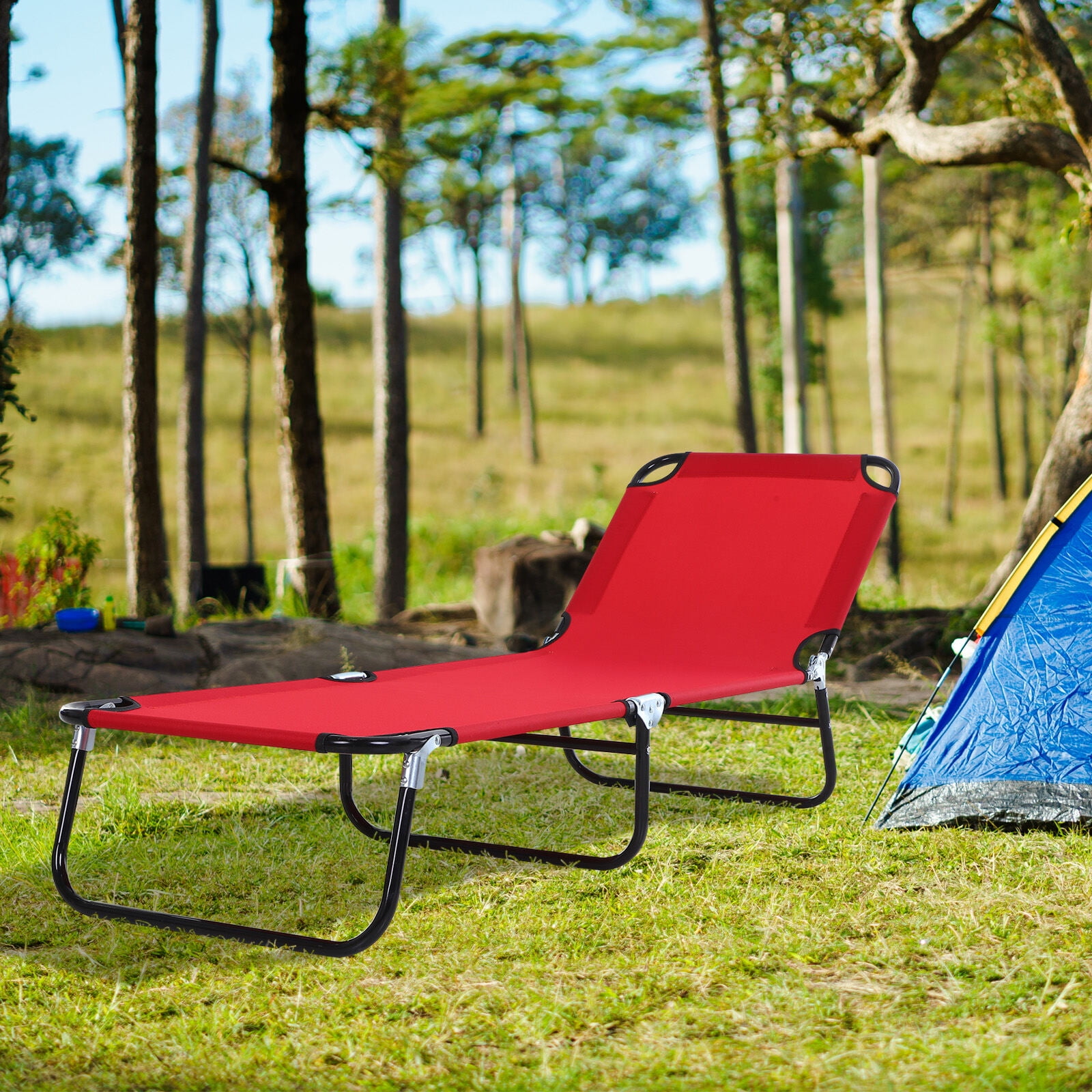 PuppyCheer 74 in Folding Chaise Lounge Chair, 5-Position Reclining Pool and Beach Chair (Red, 74 in x 22 in) sf53x