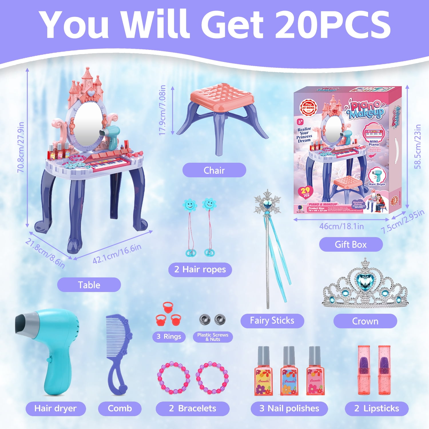 LINXUXIE Toddlers Vanity Dresser Play Set with Musical Piano and Pretend Makeup Accessories (Blue, 21-Piece) b383u