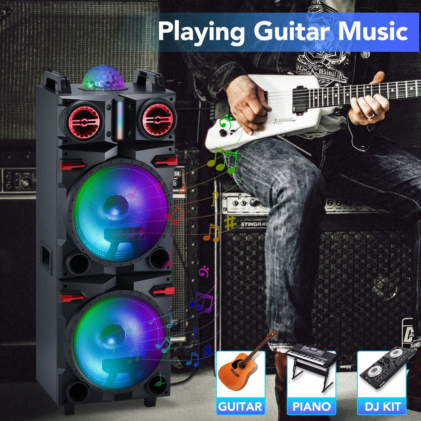 CURUK Dual 10 in Bluetooth Party PA Speaker System with LED Lights, Karaoke Mic, and Remote (Black) dcvev