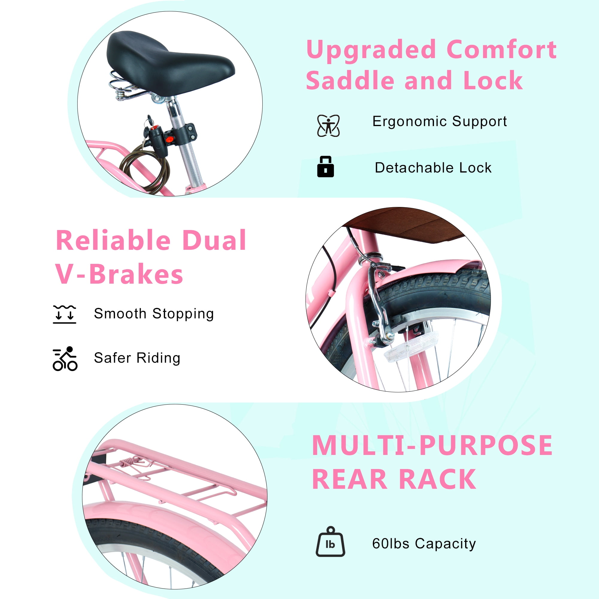 Raistyw 7-Speed Cruiser Bike, Lightweight City Commuter Bicycle with V-Brakes and Detachable Basket (Pink, 26 in) og8az