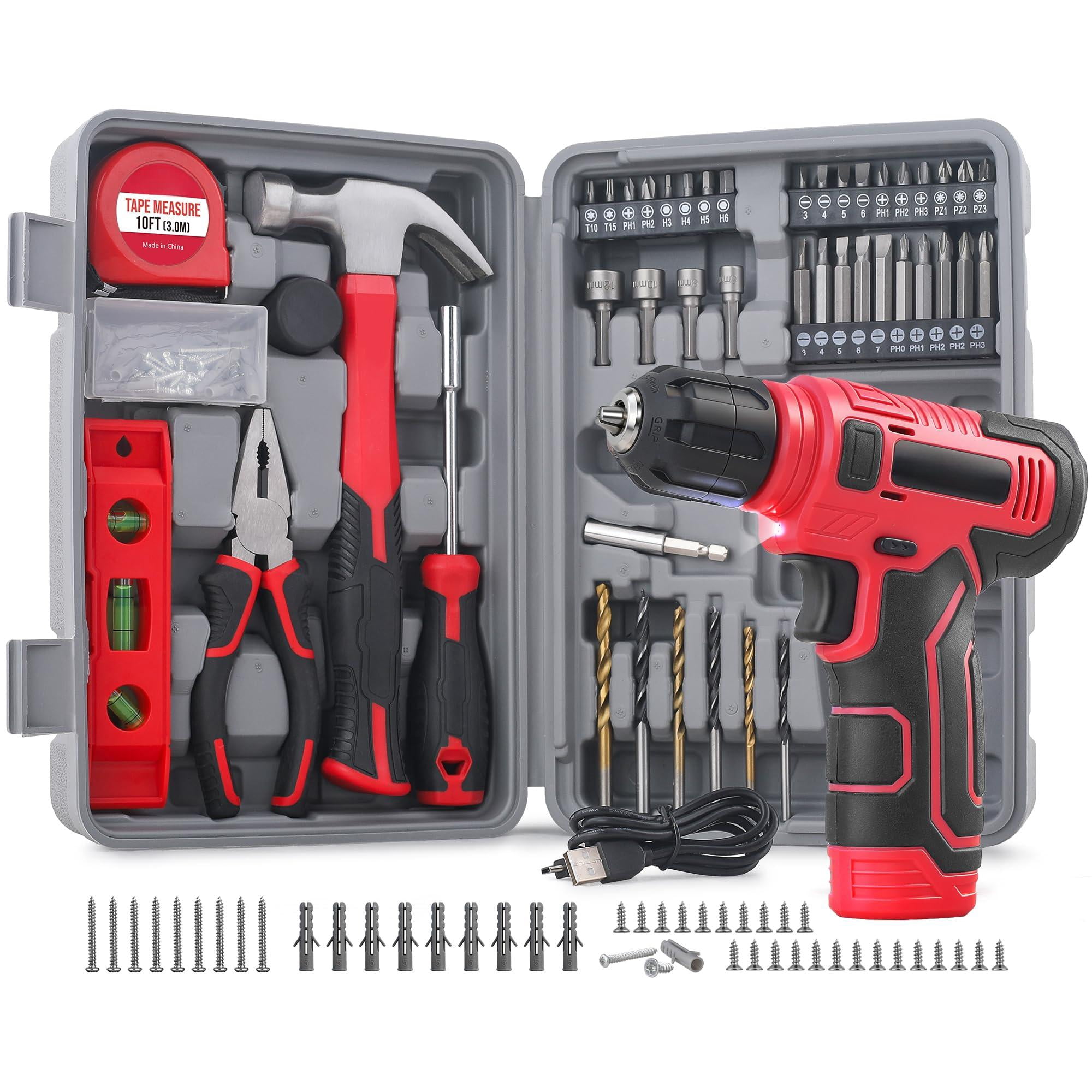 Generic 8V Cordless Drill Set and Starter Tool Kit (Red, Compact) cq8vw