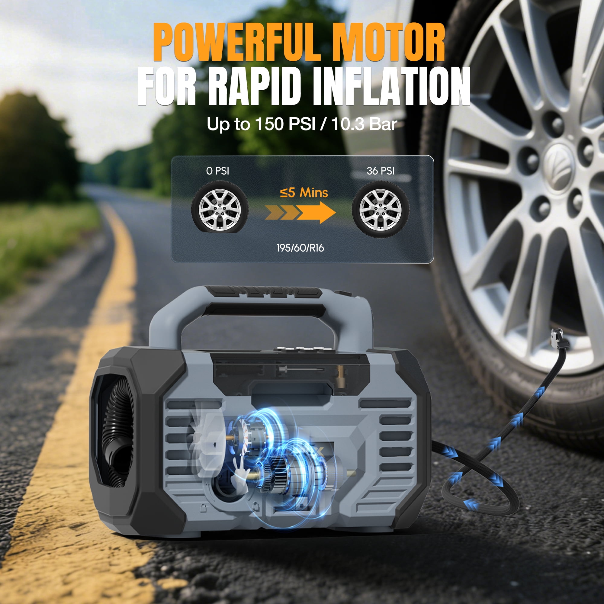 WORKPROX Portable Tire Inflator Air Compressor (150 PSI, 20V Battery & 12V DC Power, Grey, 1 Pack) 3esrz