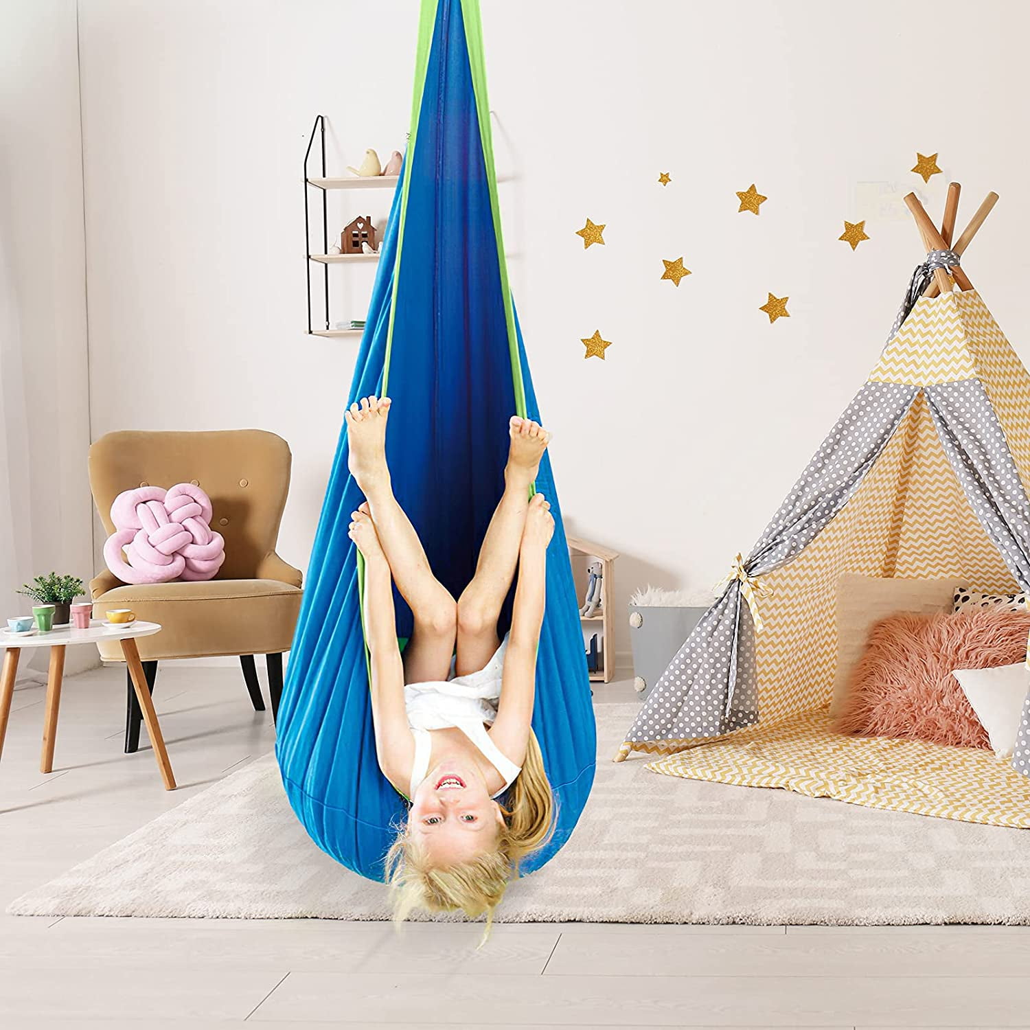 Aochakimg Kids Sensory Pod Swing, Indoor Hanging Hammock Chair with Removable Cushion (Blue, 300 lb Capacity) petlj