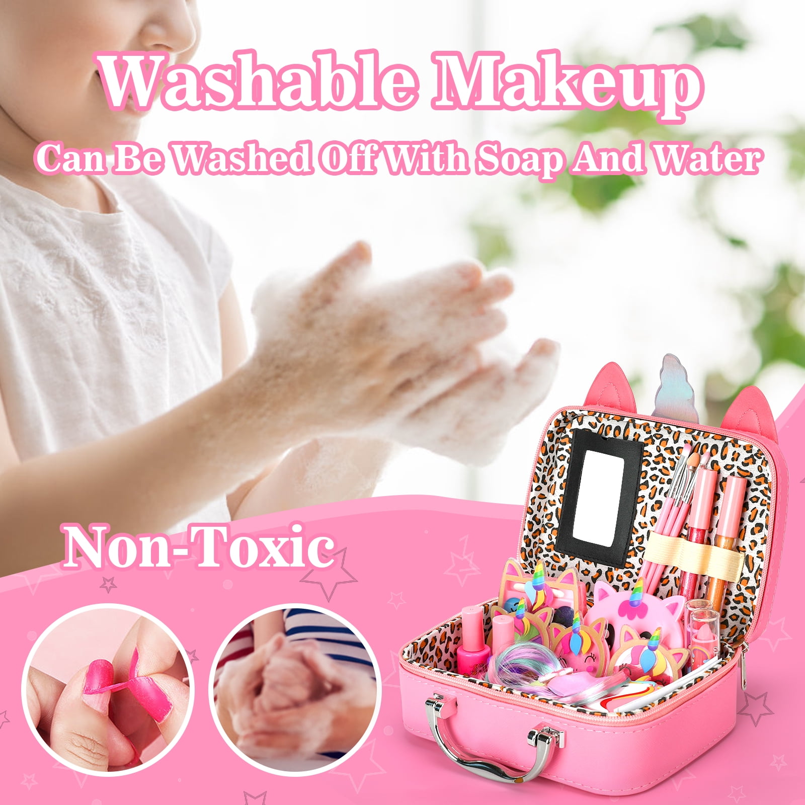 Sendida Washable Kids Makeup Set for Pretend Play and Dress Up (Pink, 26 Piece Set) owi93