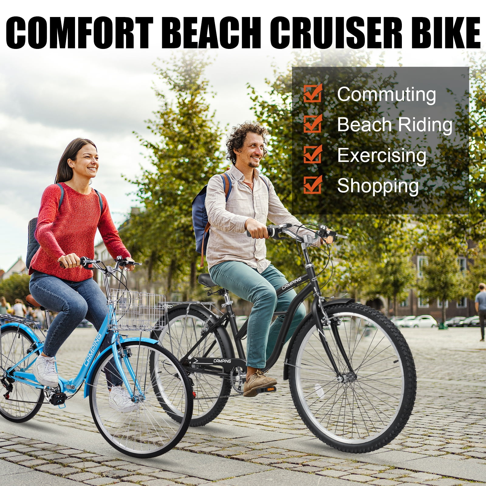 UBesGoo 26in 7-Speed Folding Beach Cruiser Bike, Adjustable Comfort Seat with Dual V-Brakes (Blue, 26 in) i4m4n