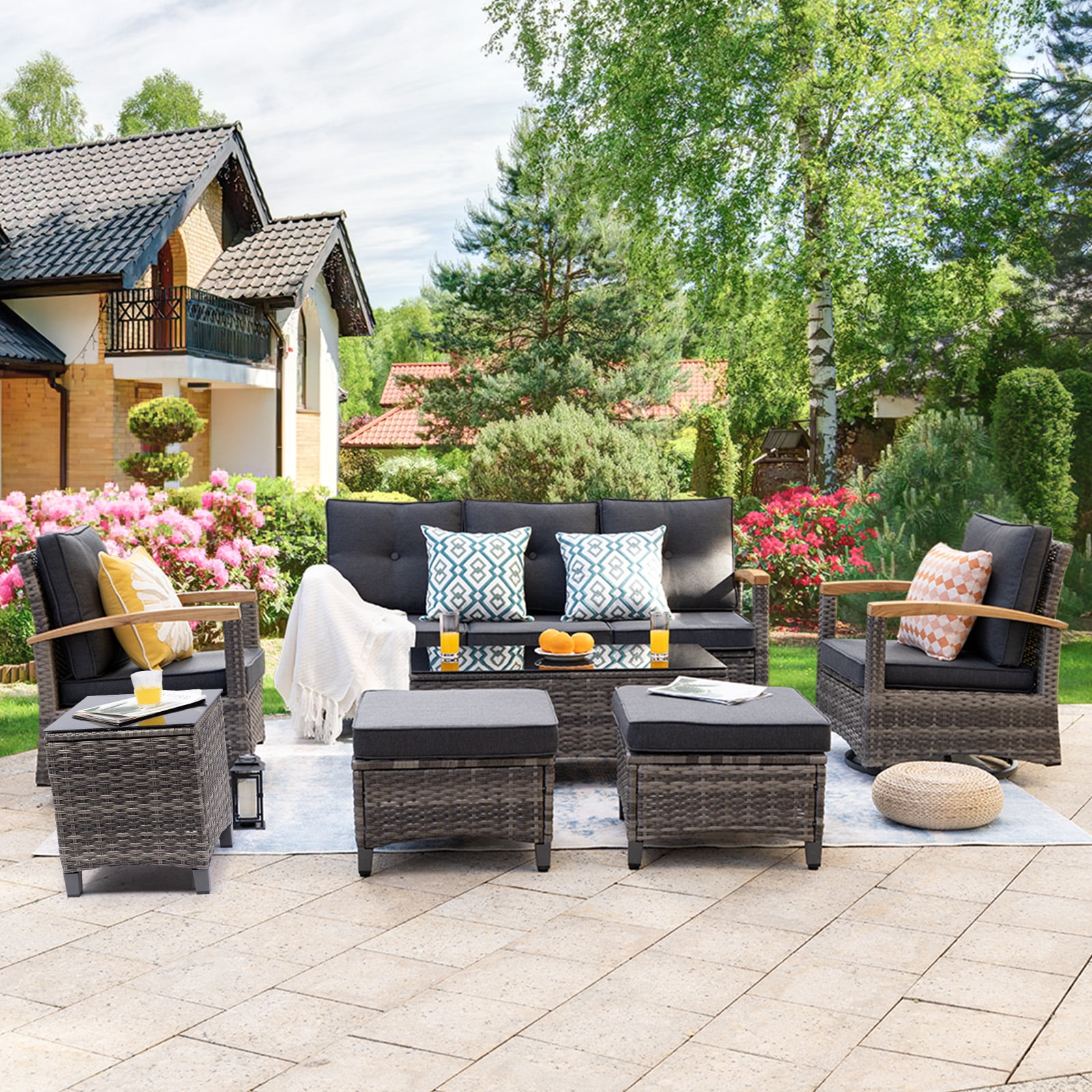 MEISSALIVVE 7-Piece Patio Furniture Set, Outdoor Rattan Conversation Set with Swivel Rocker Chairs and 3-Seat Sofa (Gray, 7-Piece Set) 6w9aq