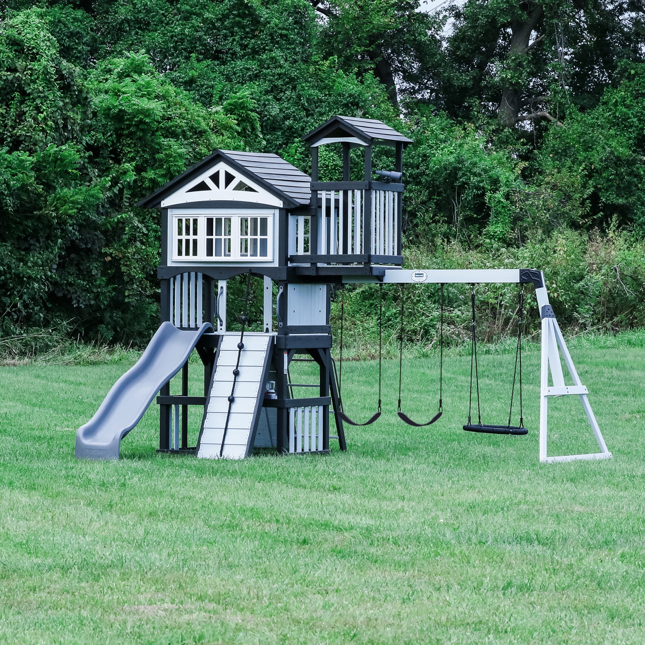 Backyard Discovery Whispering Point Cedar Wood Swing Set with Slide and Clubhouse (Light Gray, 8 ft Slide) 4jq9d