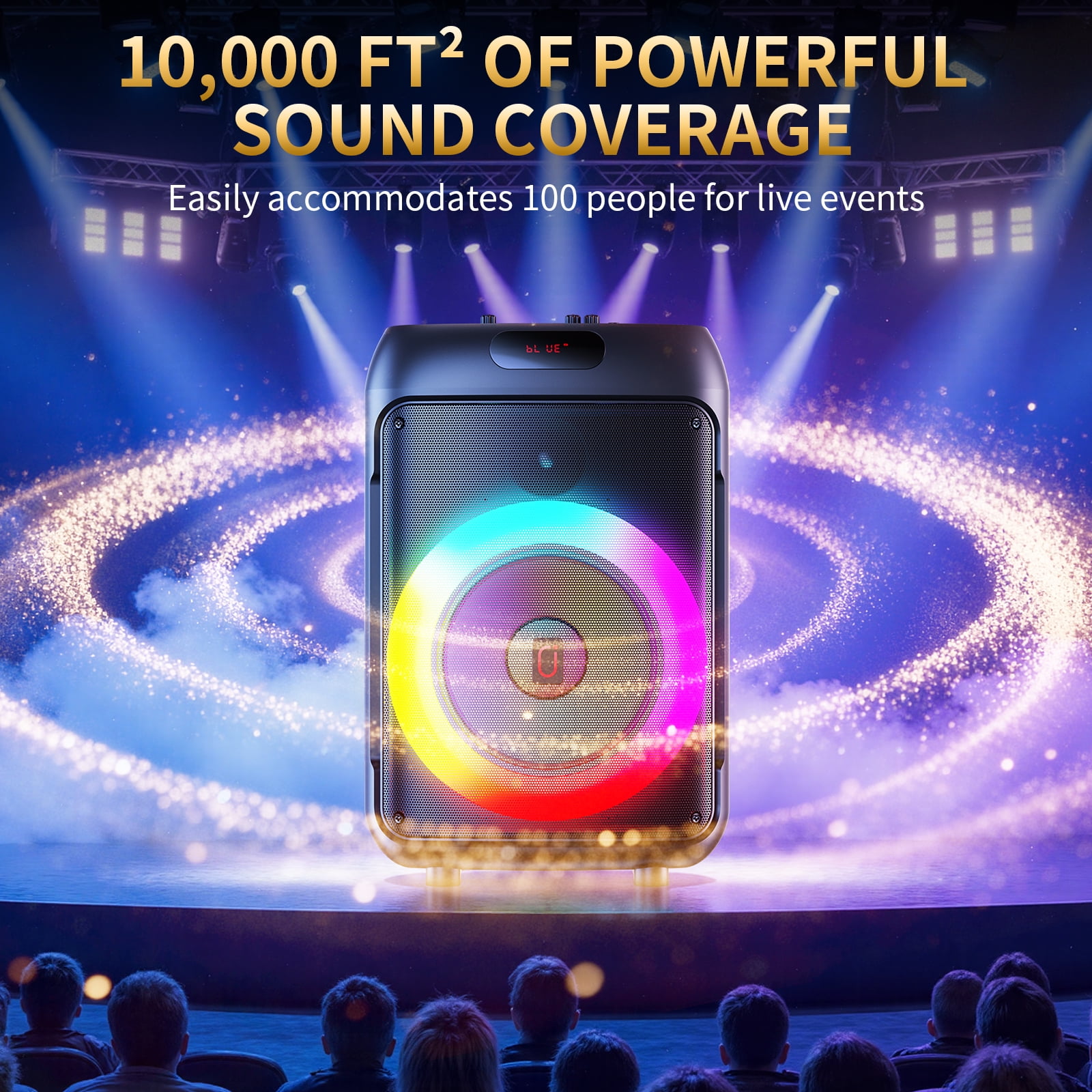 JYX Portable Party Speaker, 120W Wireless Bluetooth Speaker with Dual Subwoofers, Karaoke System with 2 Microphones and Wheels (Black) 9r5hu