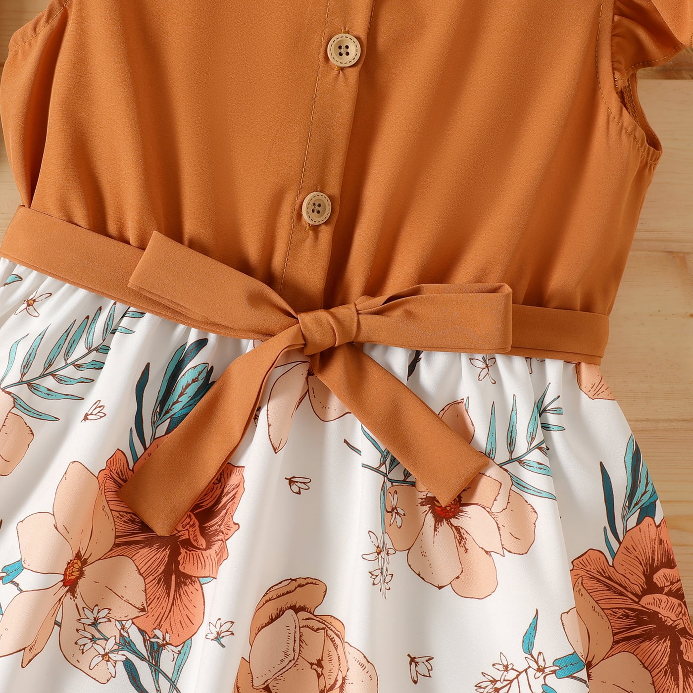 PatPat Girl Floral Ruffled Flutter Sleeve Dress with Belt (Brown, 4-12) mw6c3