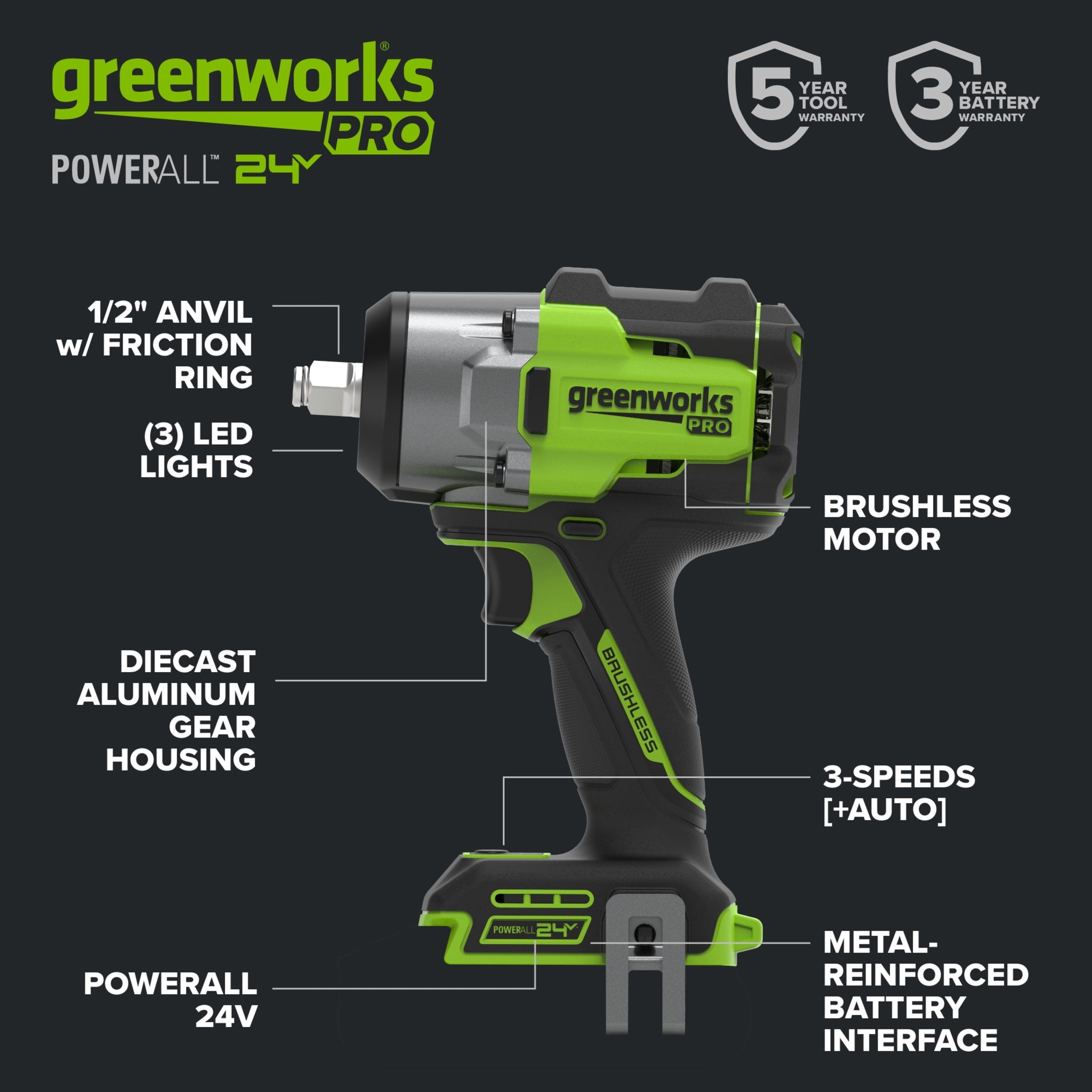 Greenworks Pro PowerAll 24V Brushless 1/2 in Impact Wrench (Green, 750 lb Breakaway Torque) g2aev