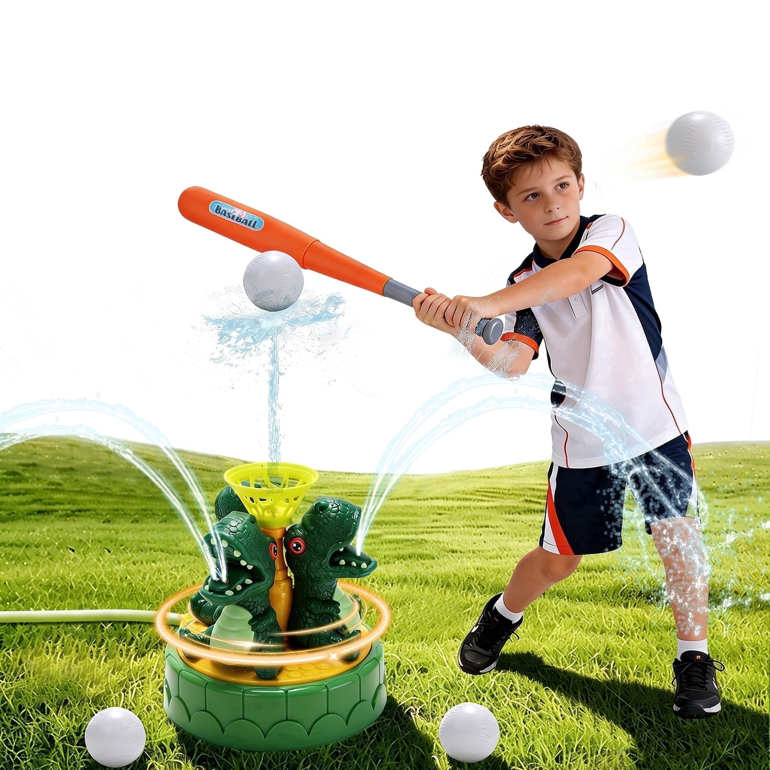 JoyStone 2-in-1 Dinosaur Water Sprinkler and Baseball Batting Game (Green, 1 Set) xrayq
