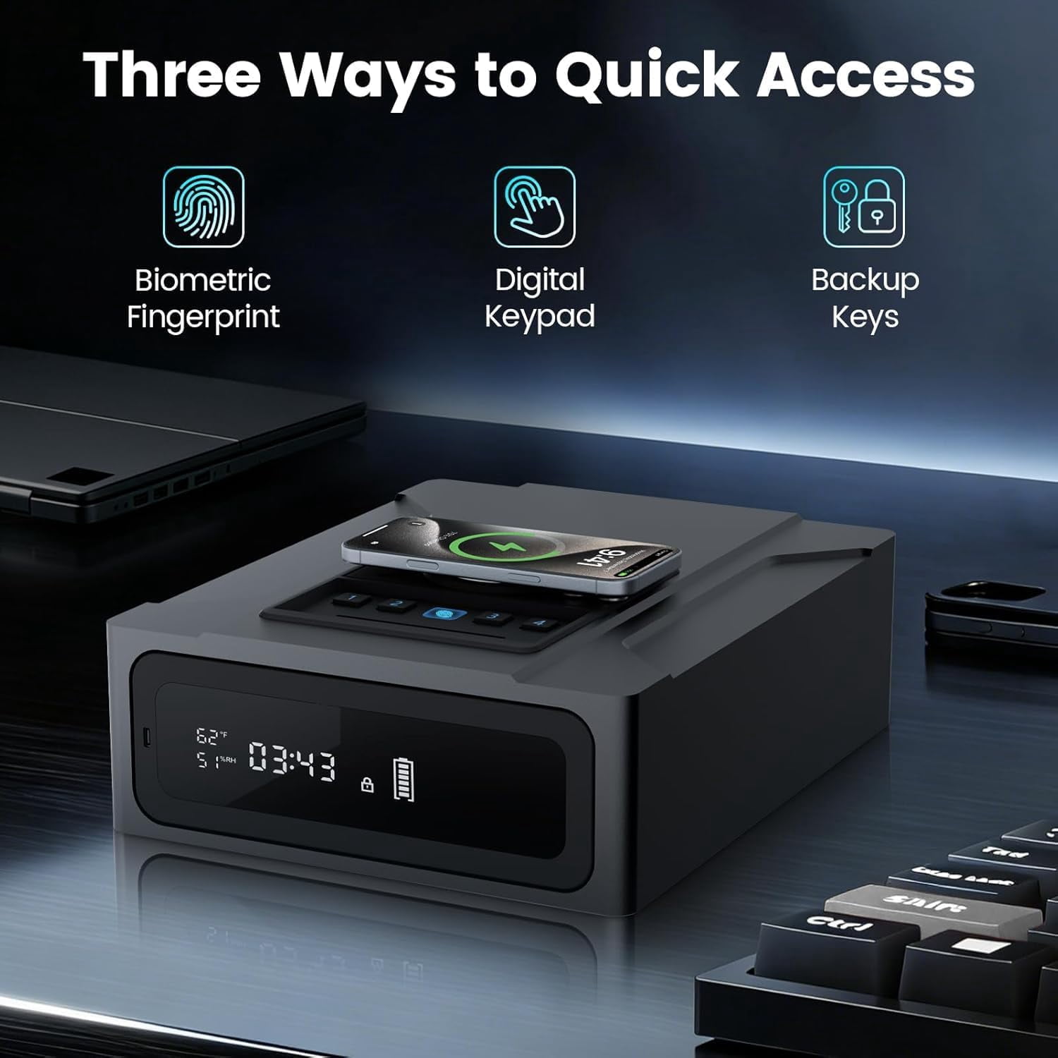 XDeer Biometric Smart Safe with Wireless Charging and Digital Clock (Black, 12.59 in x 10.2 in x 3.93 in) 2fhlj