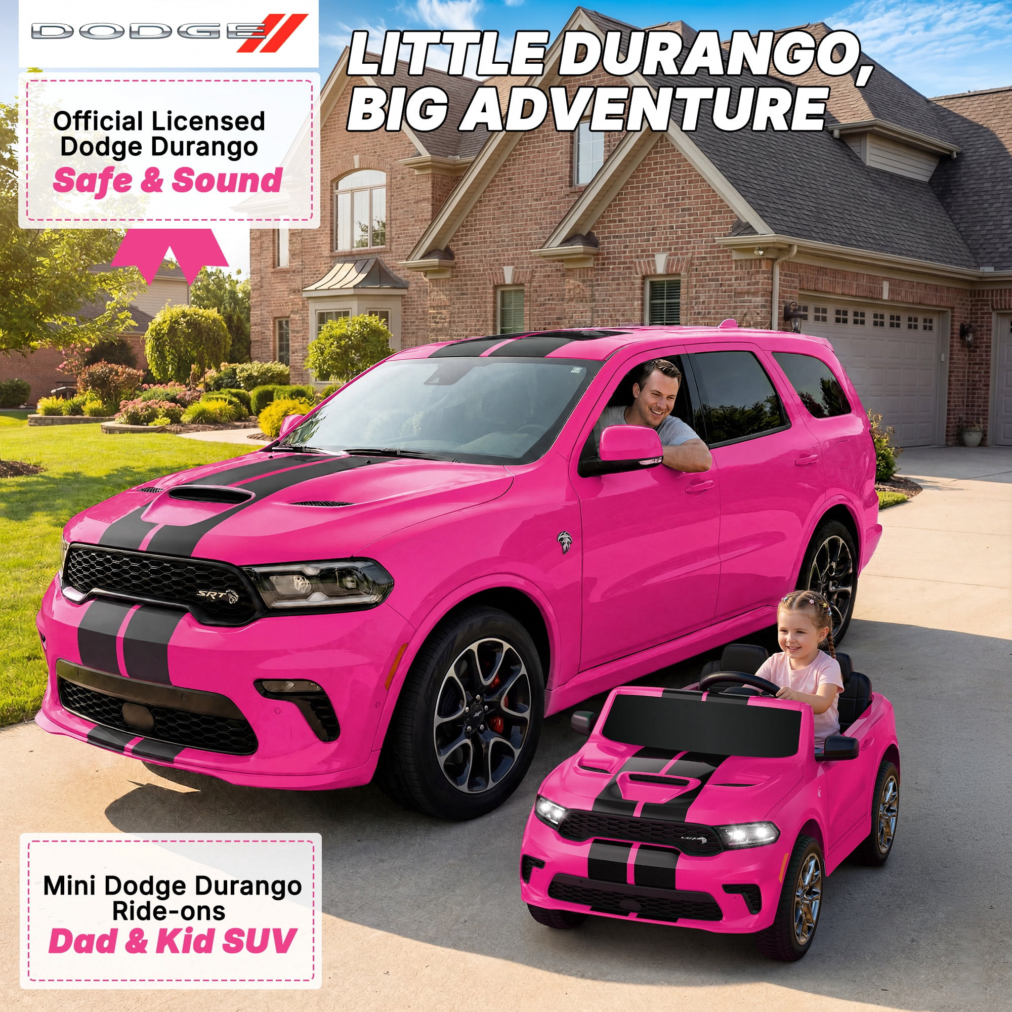 Wisairt Dodge Durango Kids Electric Ride-On Car, 12V Licensed Motorized SUV with Parent Remote Control, LED Lights & Music (Pink, 17 in Seat) i9tmh