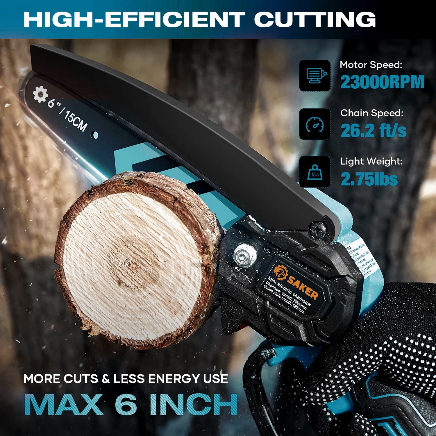 Saker 6 Inch Mini Chainsaw Cordless Electric Power Tool for Gardening and Tree Trimming (Blue, 2 Batteries and 2 Chains) qdbz9