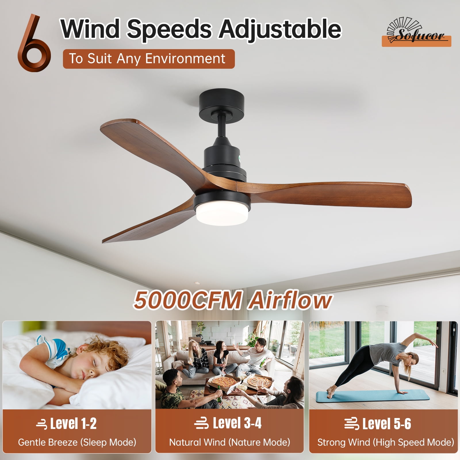 Sofucor 52 in Ceiling Fan with LED Lights, Remote Control, Reversible Noiseless Motor (Walnut, 52 in) isgbi