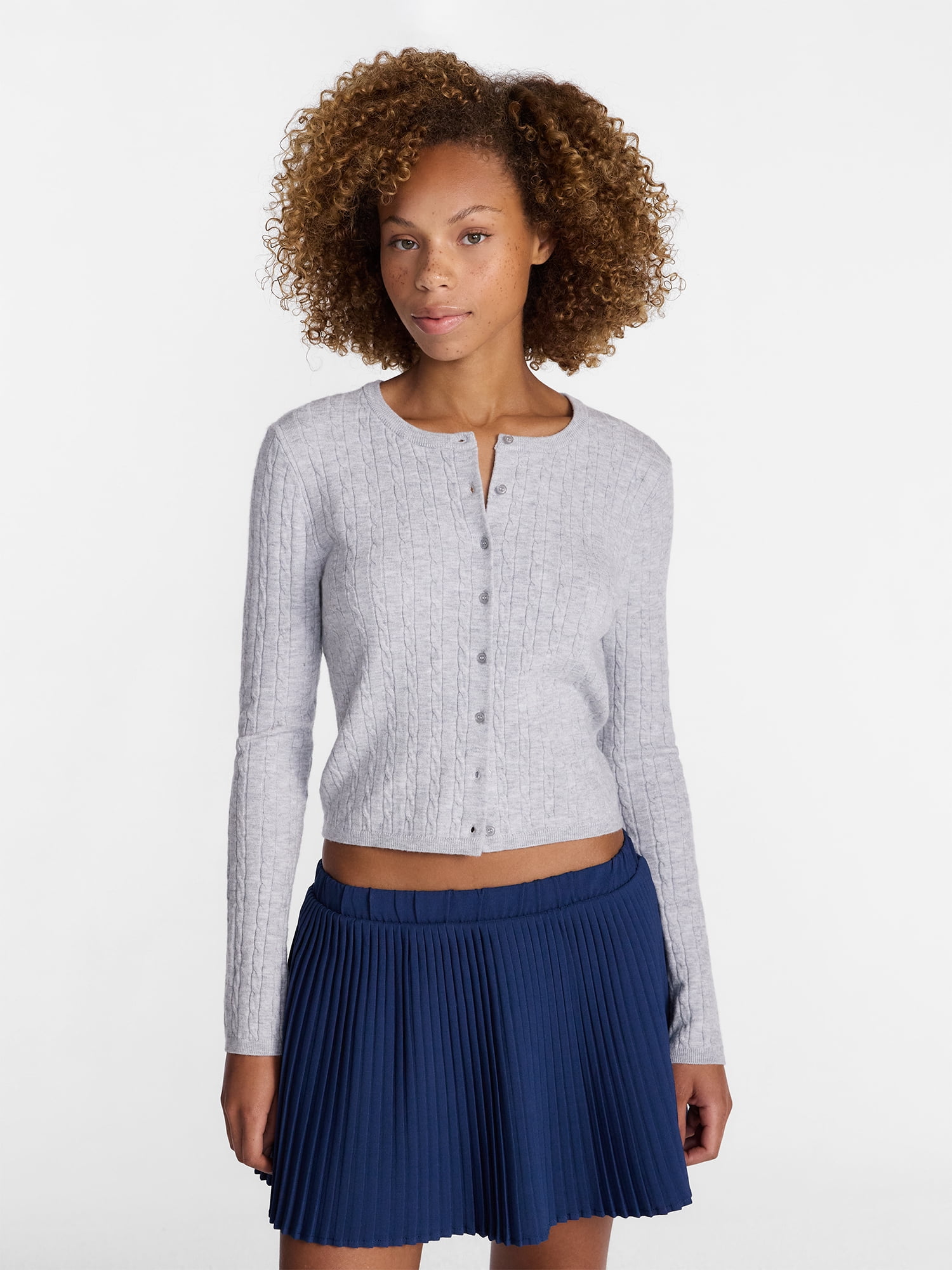 No Boundaries Women's Cable Knit Crewneck Cardigan (Grey, XXS-4X) 1c6ub
