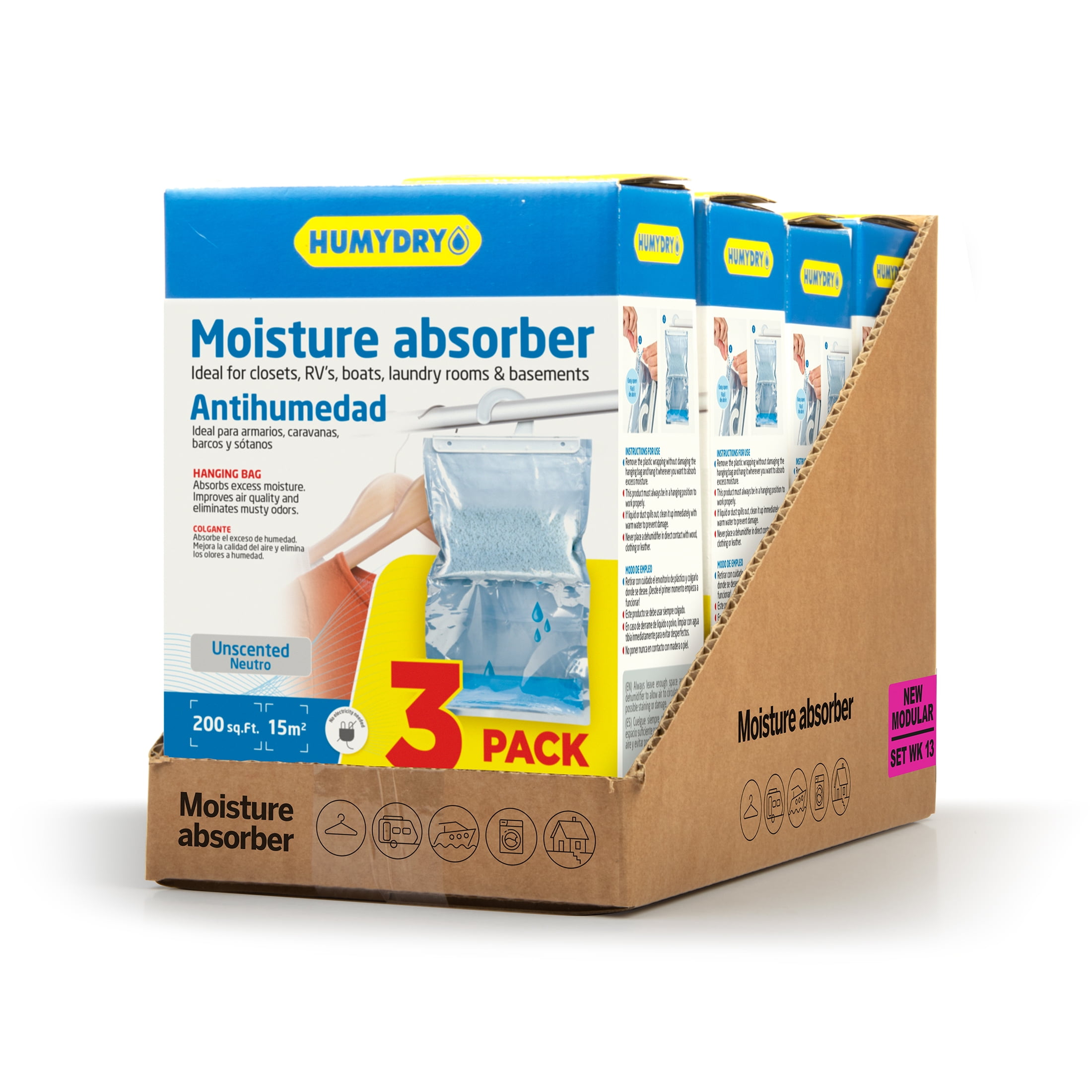 Humydry Moisture Absorber Hanging Bags, Odor Eliminator for Closets, Unscented (2 Pack of 3, 15.9 oz each) 17toa