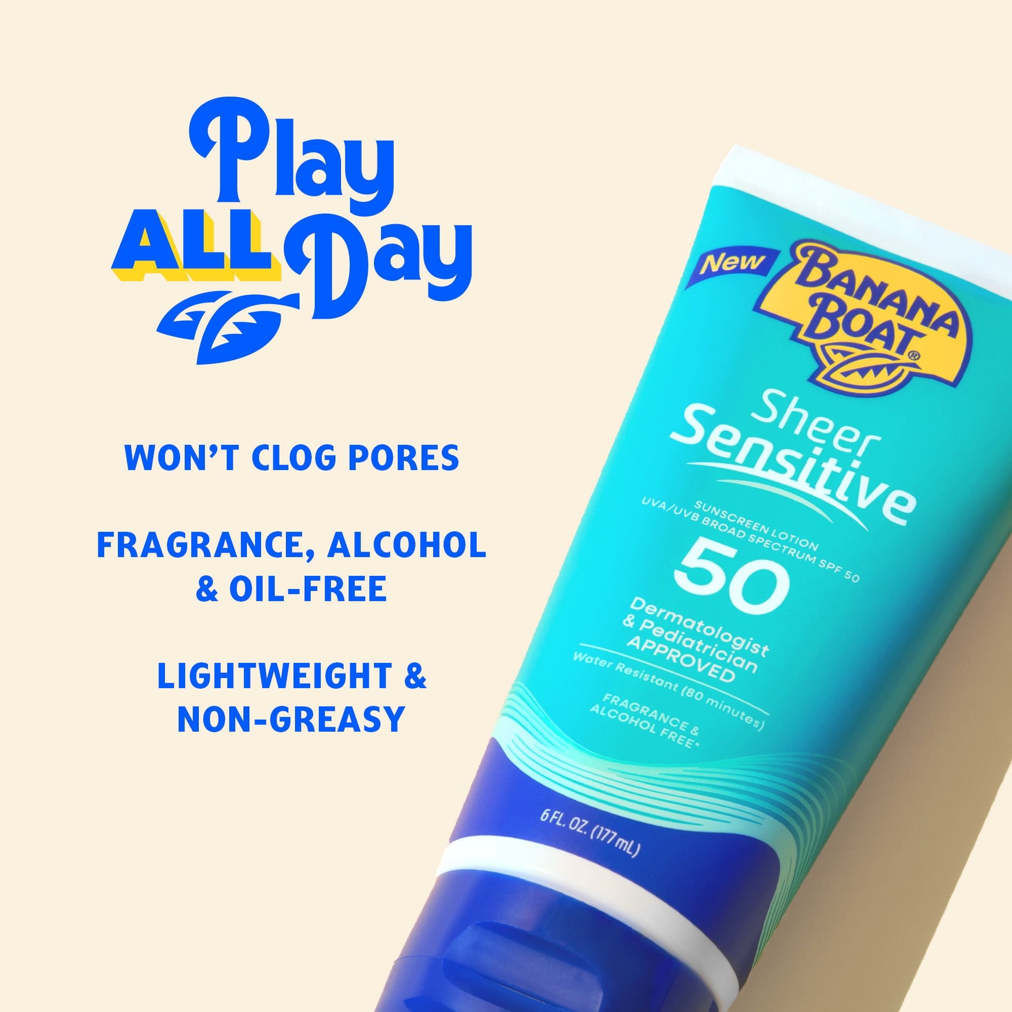 Banana Boat Sheer Sensitive Sunscreen Lotion SPF 50, Broad Spectrum UVA/UVB Protection for Kids & Adults (6 fl oz) kwdzp