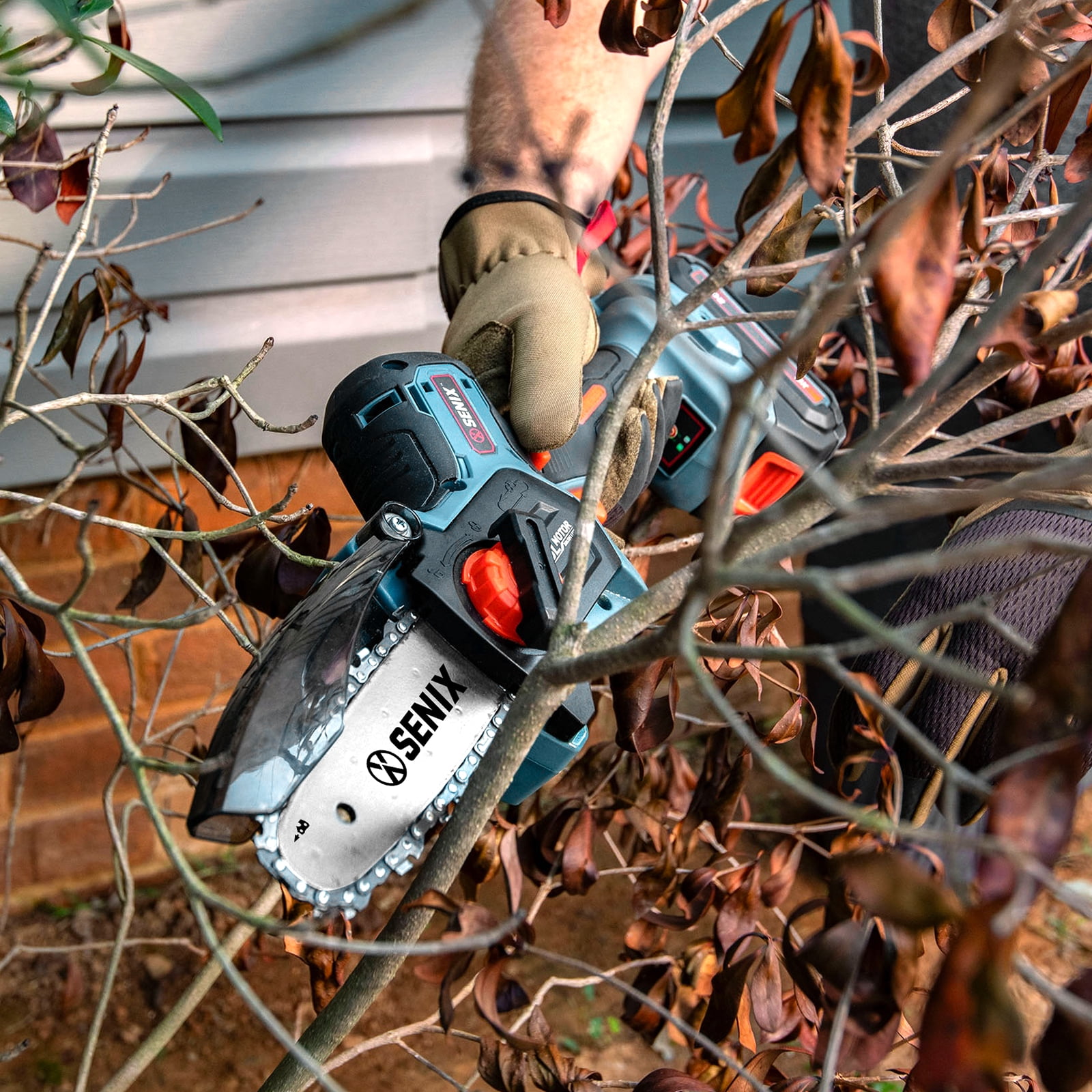 Senix 20V Cordless Mini Chainsaw, High-Efficiency Brushless Motor with 5Ah Battery and Charger (Blue, 5 in) qo9ur