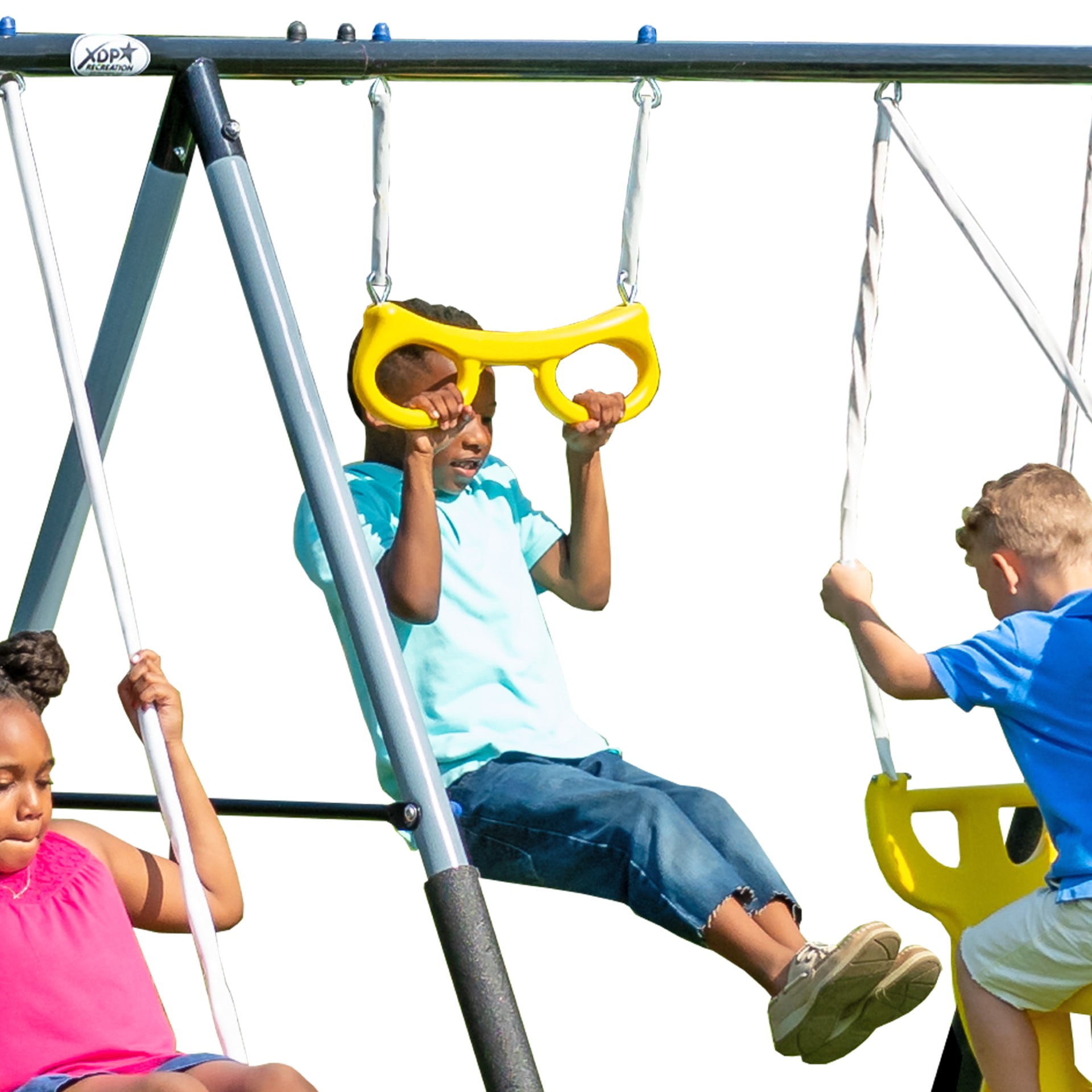 XDP Recreation Rising Sun Metal Swing Set with Slide, Seesaw, and Glider (Yellow, 10-Child Capacity) 1zow3