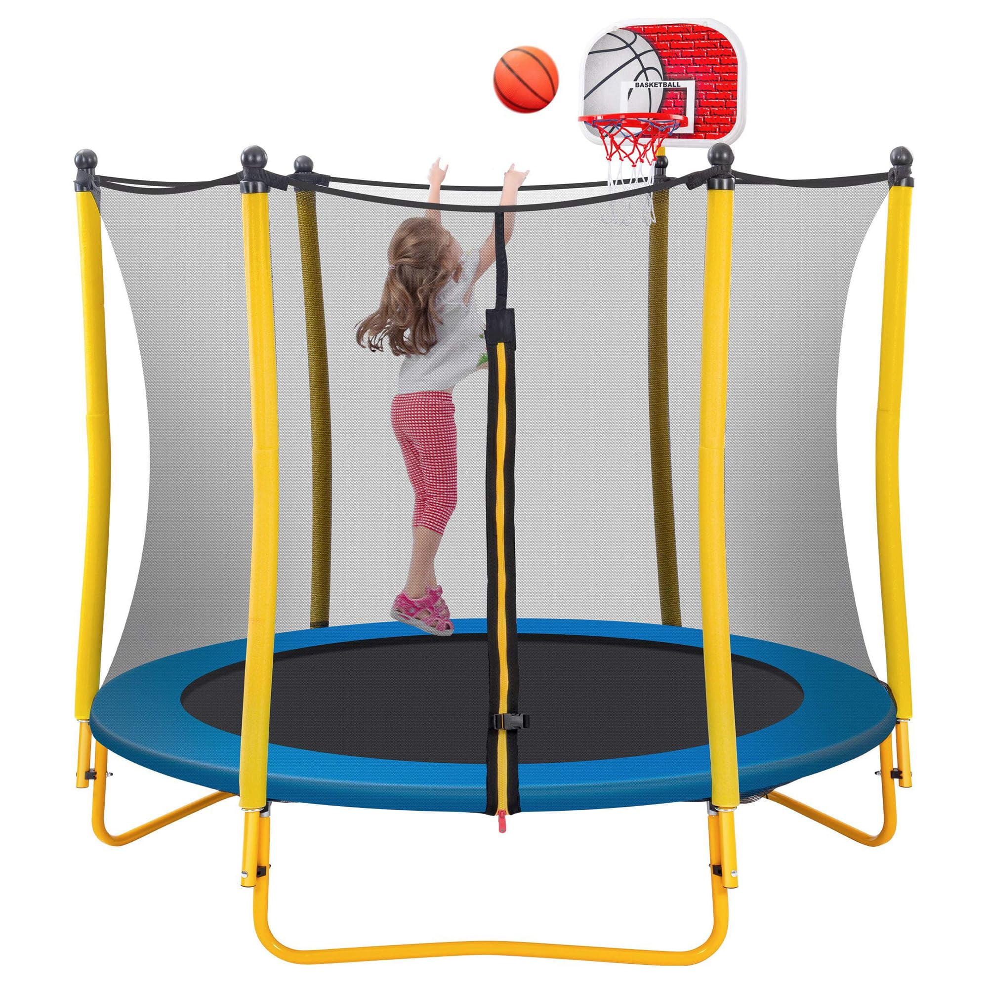 Leuco Kids Trampoline with Basketball Hoop and Safety Net (Yellow, 66 in) hsthk