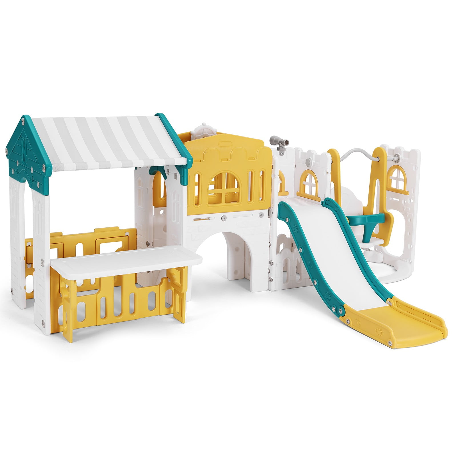 Joyldias 10-in-1 Toddler Slide and Swing Playset with Playhouse and Basketball Hoop (Green, Yellow, White) aeisf
