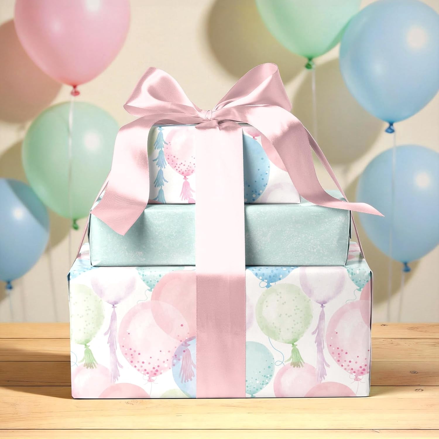 Generic Pastel Birthday Wrapping Paper, Watercolor Balloon Confetti Design for Kids and Adults (Multicolor, 17 in x 33 ft) 5ijy8