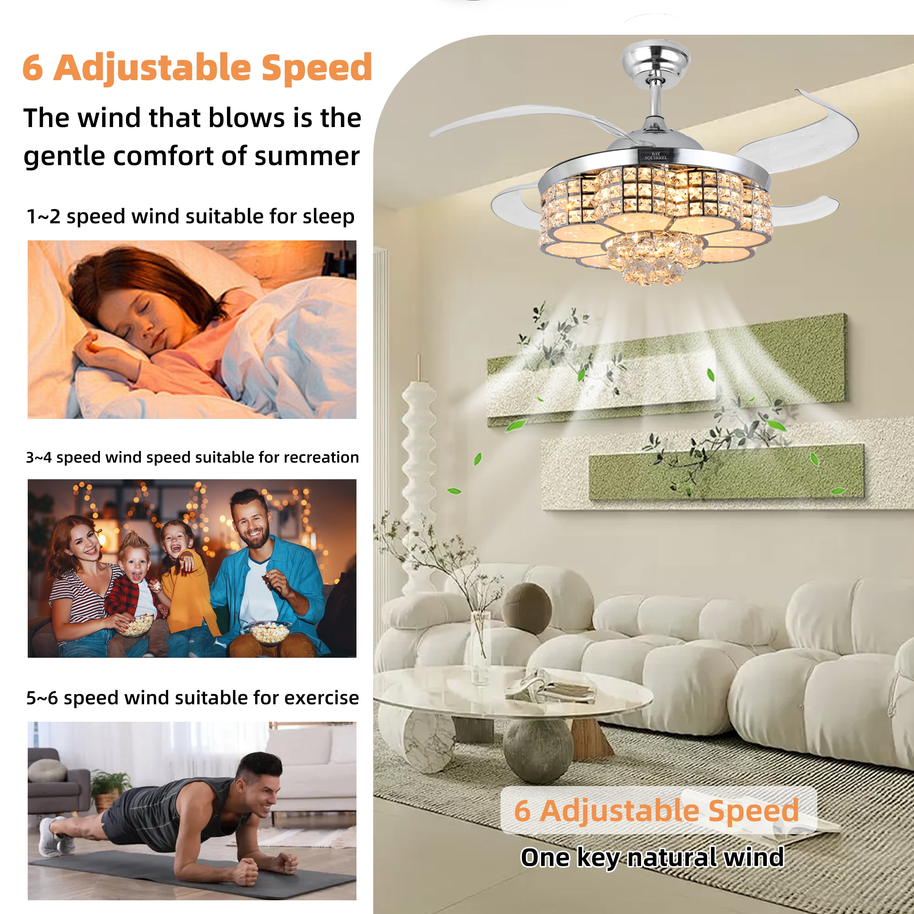 BAYSQUIRREL Retractable Crystal Ceiling Fan with RGB LED Light, Bluetooth Speaker, Remote & APP Control (6 Speeds, 42 in) 34zws