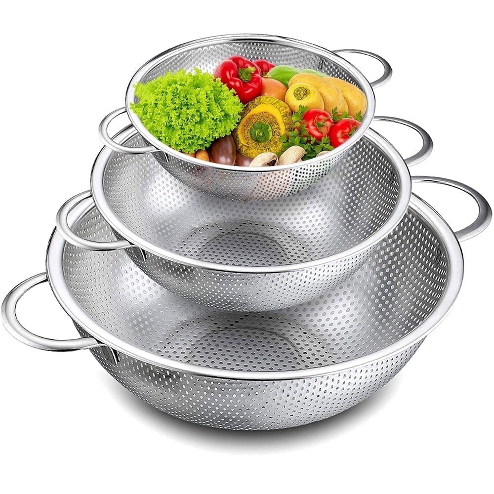 VeSteel Stainless Steel Micro-Perforated Colander Set (Silver, 3-Piece Set: 1 qt, 3 qt, 5 qt) yn50k