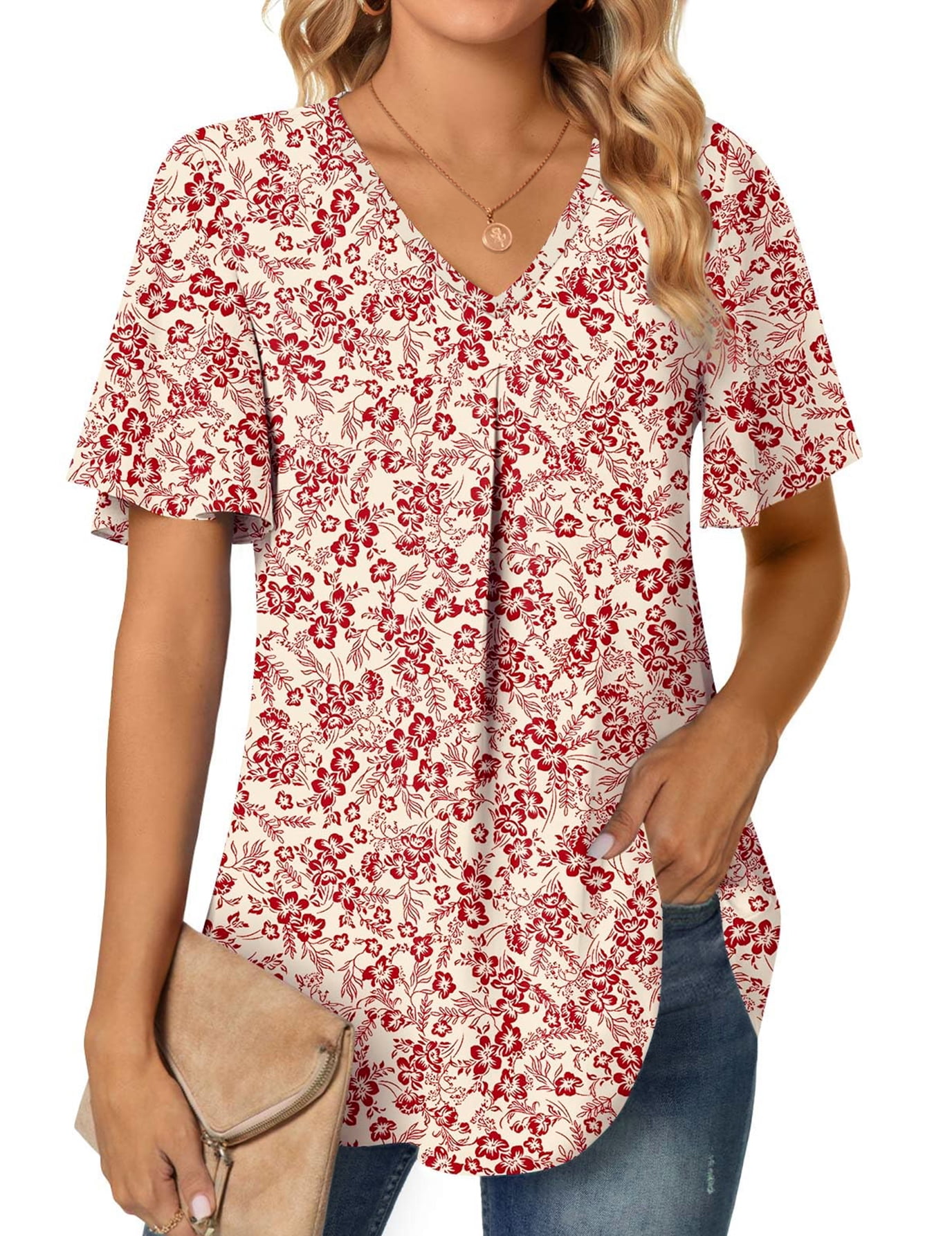 Fantaslook Womens V Neck Tunic Blouse Short Sleeve Dressy Casual Work Shirt (Red, L) h75sl