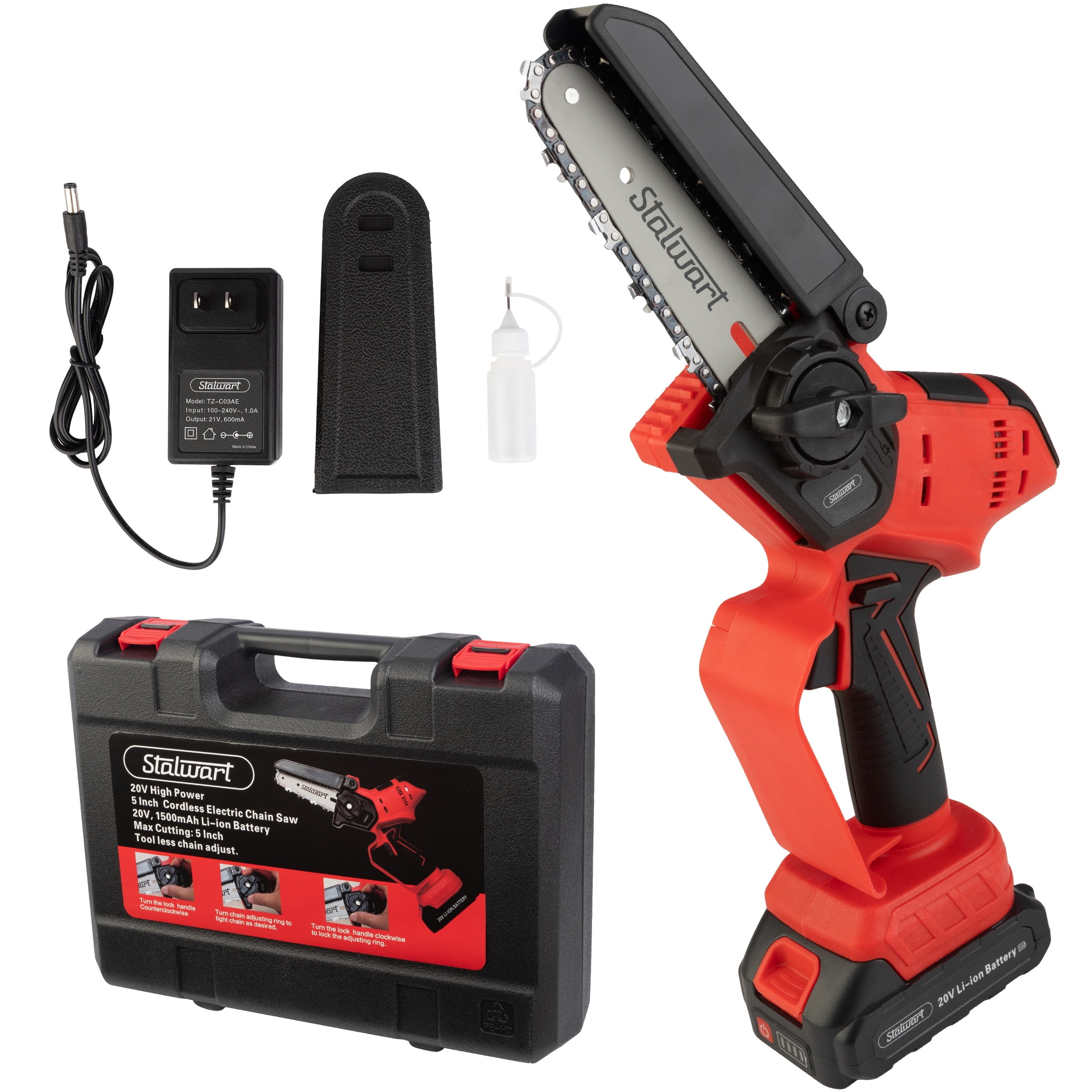 Stalwart 5-Inch Mini Chainsaw, Cordless Electric Power Tool with 20V Lithium Ion Battery (Red, 5.29 lb) 1478j
