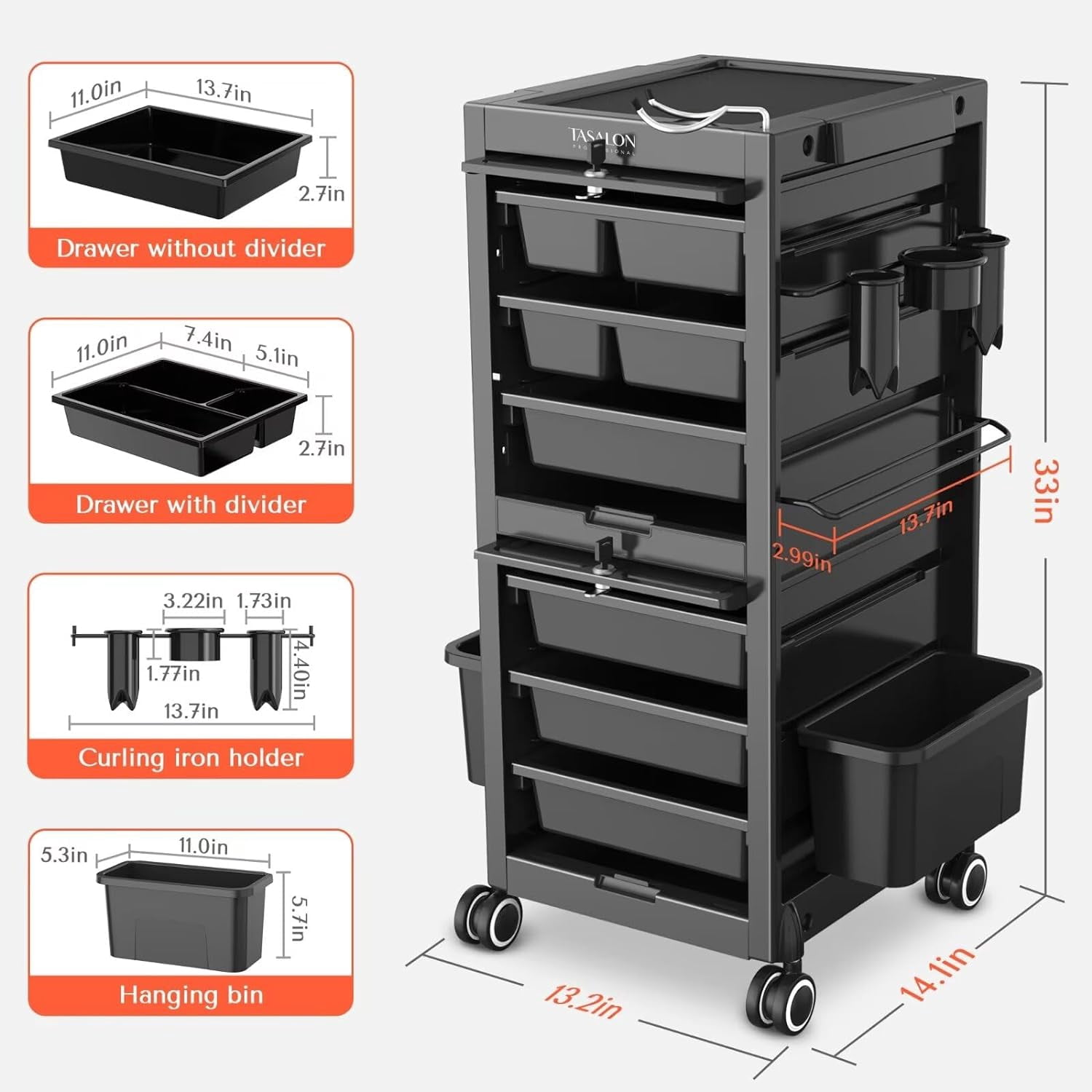 Tasalon Salon Trolley Cart with 6 Drawers and Heat-Resistant Tool Holders (Black) q5n23