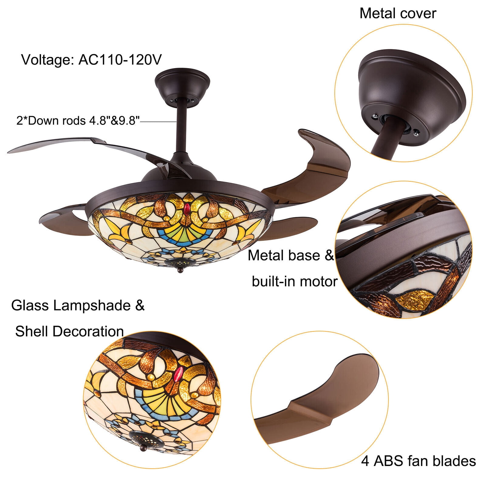 TFCFL 42 in Tiffany Ceiling Fan with LED Light and Retractable Blades (Multicolor, 42 in) or3w6