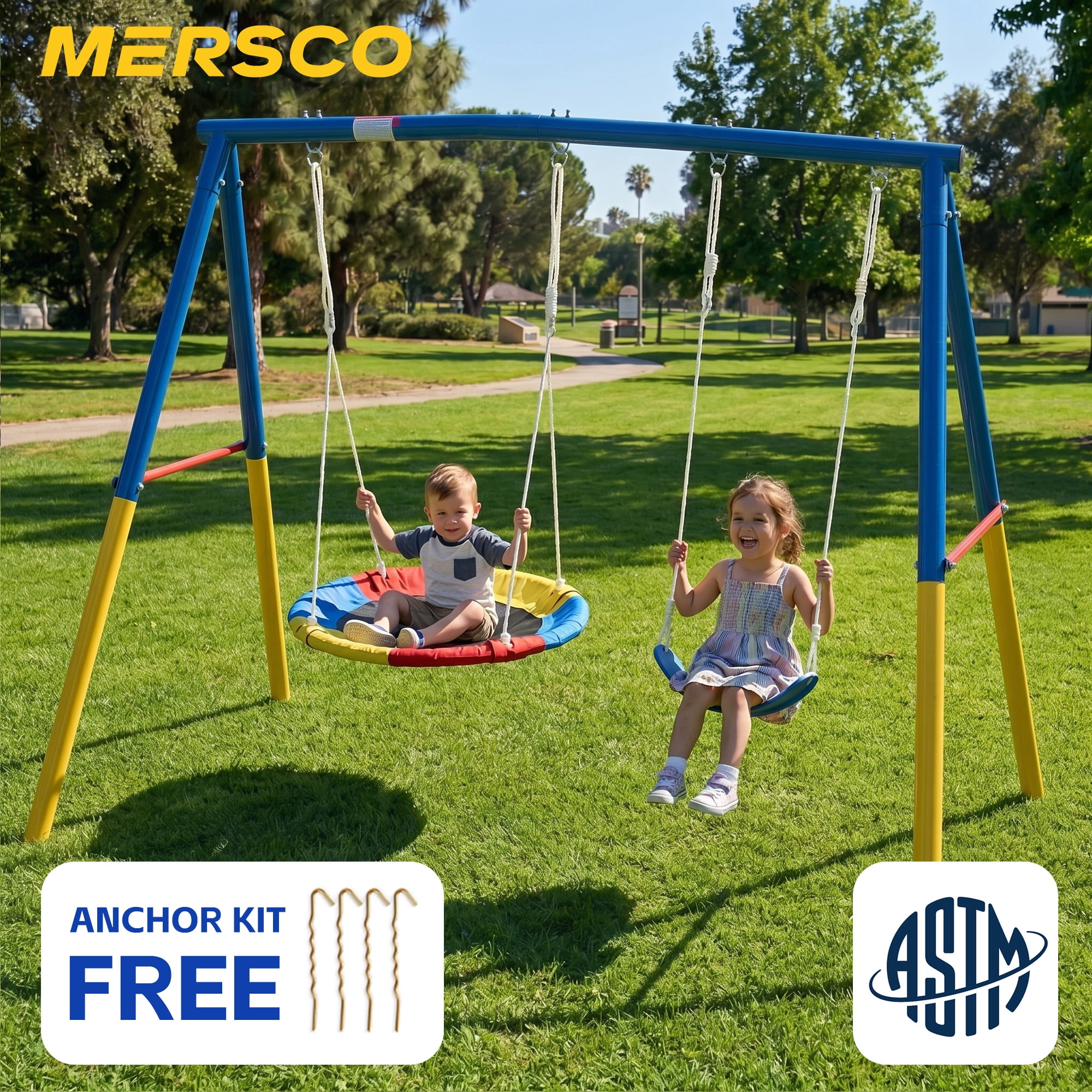 Mersco 2-in-1 Outdoor Swing Set with Heavy-Duty Metal Stand (Blue, 440 lb Capacity) ur5kq