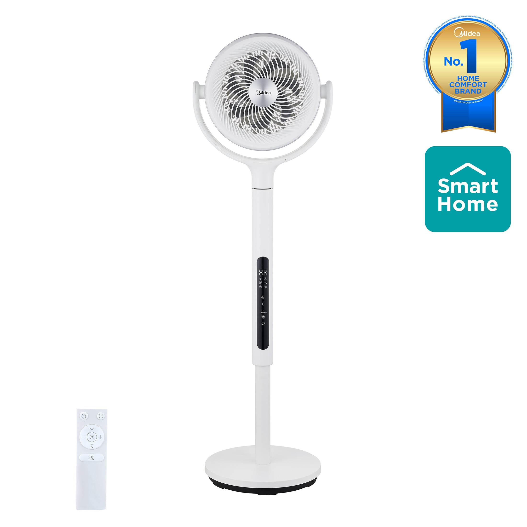 Midea Smart Pedestal Fan with Remote, 12-Speed Adjustable Height Oscillating Cooling Fan (White, 33.9-44.1 in) to45o