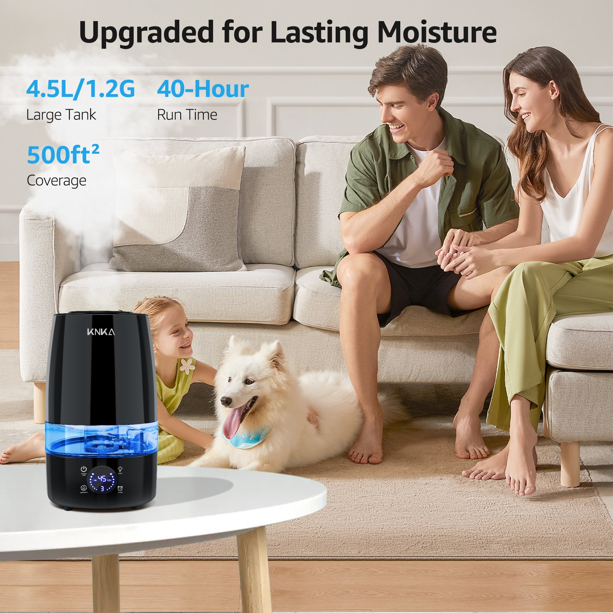 KNKA Ultrasonic Humidifier for Large Rooms, Essential Oil Diffuser with Auto Humidity Control (Black, 1.19 gal) u3yq2