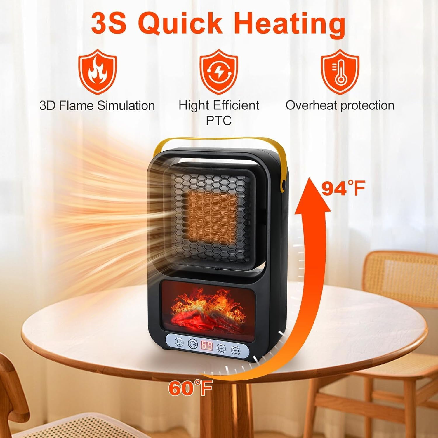 Facvoer Portable Electric Space Heater, Desktop Fireplace with 3D LED Flame and Thermostat (Black, 800W) 6b34z